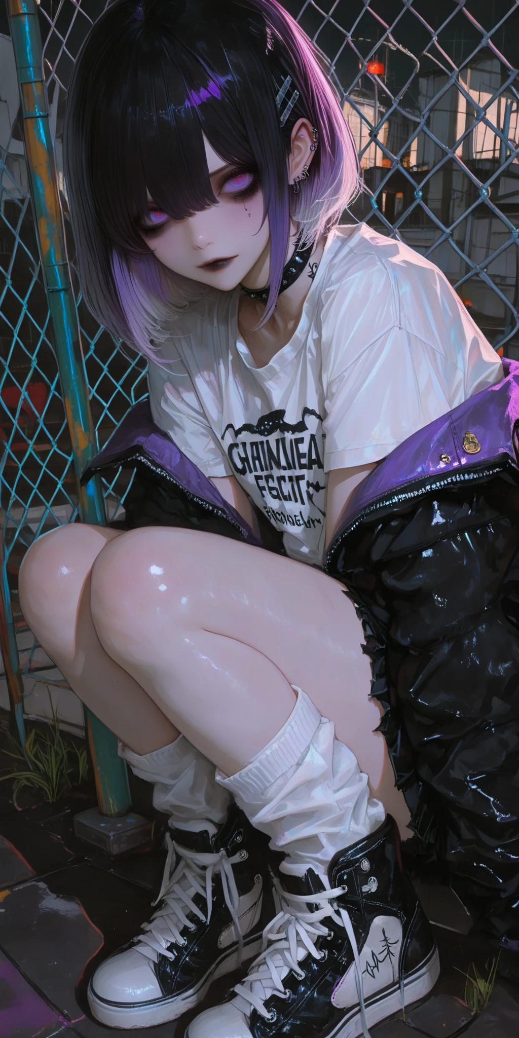 (High CT quality,4k,High resolution,mainpiece:1.2),(Very detailed,Realistic:1.37,Best quality,masterpiece, high resolution,on_body), (Tyndall effect,photorealistic, Edge lighting, Two-color lighting),(high definition skin:1.2), (8K UHD, DSLR quality, soft lighting, high quality, surround lighting, sincere, de 8K , 4K, 8K.) skinny tired girl is belong to emo/goth subculture. She have thick thighs.  She has obsidian black hair with highlighted white strands , she has a wolf haircut and long bangs that hide half of her face. She has a lot of metal hairpins, barrette, hair clips on her bangs. Her eyes are purple. She have Clear beautiful and expressive eyes, highly detailed eyes, sharp focua eyes. She has black Gothic makeup: black lipstick,black eyeliner, black eye shadow. She has a lot of piercings and tattoos. On her neak she wears a spiky choker. She is dressed in a gray torn brand T-shirt with a cat print or metallica band, a bomber sport-jacket with set of safety pin and badges, oversized jeans with ripped holes on her knees, and gray sneakers. .she is hanging around on the street and the passage is twisted by a chain-link fence. on the background is abandoned city with sunset.