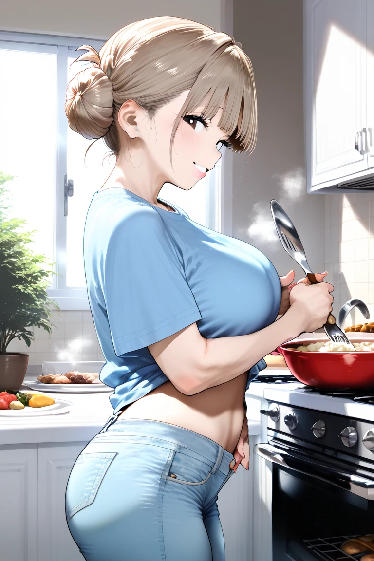 beautiful mature woman, (blush), grin and laugh, open your legs, With a butt like that, plump body, big breasts, Wear an apron, human wife, in the kitchen