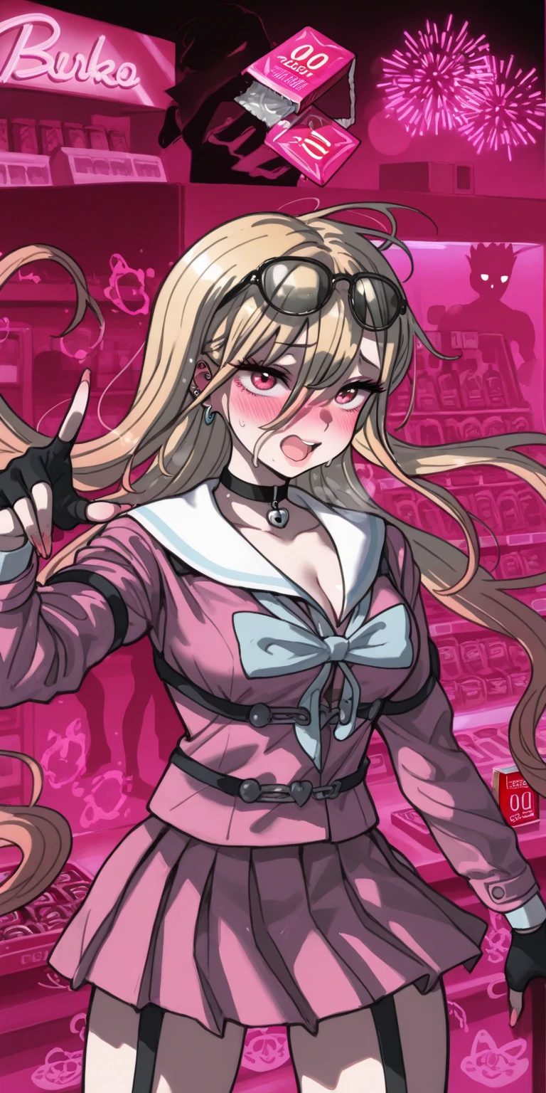 ((A girl)), five fingers, (ponytail), (delicate hands), (correct body proportions), two legs, one face, ((high resolution)), (high resolution, ultra_detailed, 4K, UHD), (masterpiece: 1.2), delicate eyes, perfect face, pink clothes, pink skirt, big breasts, beautiful legs, cute sexy ass, Miu Iruma / (projectile theory breaking), (correct anatomy), beautiful hands, two hands, blonde hair, goggles, aqua eyes, longeyelashes, Surrealism, ray tracing, cinematic lighting, anime style, 8k, super detail, 16k, award winning, best quality, high quality, high details, super detail, textured skin, anatomically correct, ccurate, retina, UHD, masterpiece
