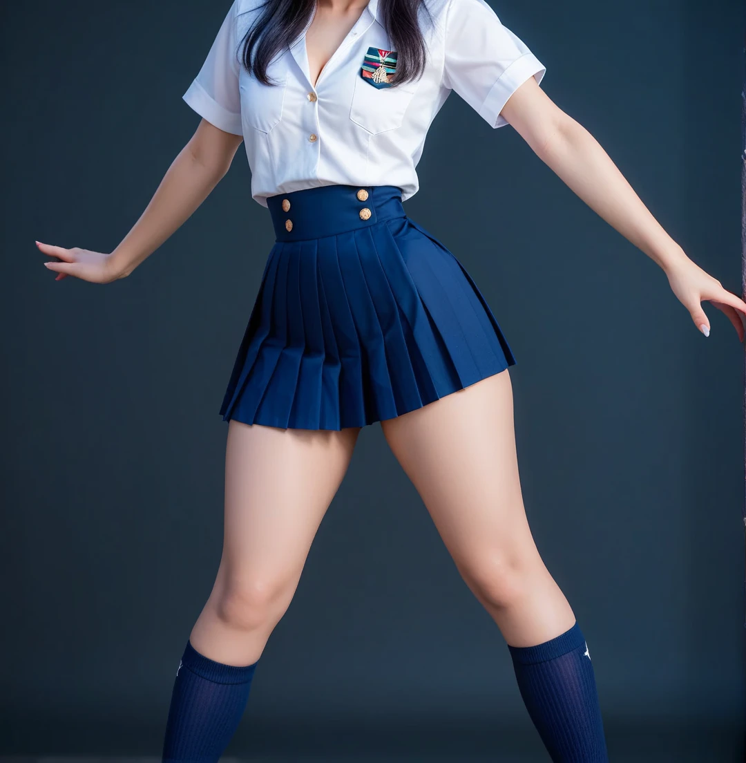 Sexy woman in skimpy sailor uniform, standing split at a desk silk shiny pantyhose, (((white shiny sheer pantyhose))), UHD, (Ultra High res.photorealistic:1.4), (((silk dark navy blue pleated skirt)))