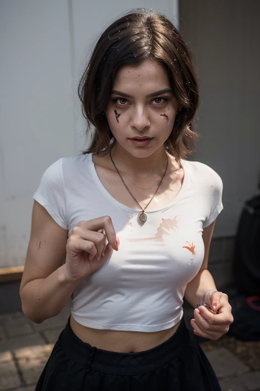 (masterpiece:1.2, best quality, ultra detailed, golden neon ratio, ultra realistic:1.3), Theatrical lighting:0.7, Photo of a retro-futuristic mercenary woman inspired by Revy from Black Lagoon by Rei Hiroe, dressed in retrofuturistic attire (Tops, T-Shirts, Tight Shirts, Tight Dresses:1.0), vibrant makeup, pub basement setting with a wall full of retro weapons, perfect rare face, highly detailed skin, curly long hair with some cute punk hair clips:1.0, Hide mouth with hands, inked tattoos, pale shiny skin, thin, large size, Sharp focus on rare face, perfect eyes:1.2, photorealistic, film grain, one foot forward, from below looking up, look at camera, Emphasize shoulders with holster, scabbard, tactical knife, Focus on face, stockings, Scarves, Collars, smile with raised mouth corners, disdainful expression, night lights, instagram style, backlit, outer space, retro tech, cyberpunk, Retrofuturism, 80's perm, foggy, misty, 80's house, muted warm colors, Theatrical portrait, vinyl dress, neon night lights, tilted:1.3, suburban retrofuturistic mercenaries, cautious, spotlight, volumetric dust clouds, key light, backlight, Ray Tracing, soft natural neon lighting, film grain ISO 400, 30 mm lens, RAW f1.8 aperture, analog photography, hdr colors