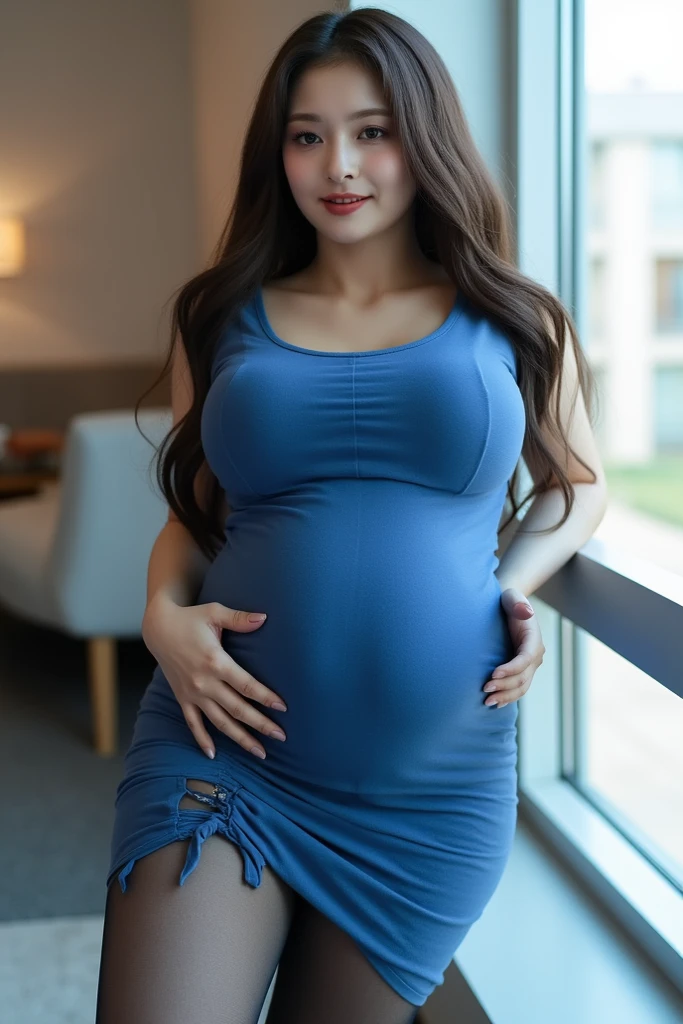 Fullbody image, female, dark blue wavy long hair with bangs, blue eyes, pink lips, beautiful gentle face, big , maternity dress, long legs, fair skin, pregnant, giving birth,