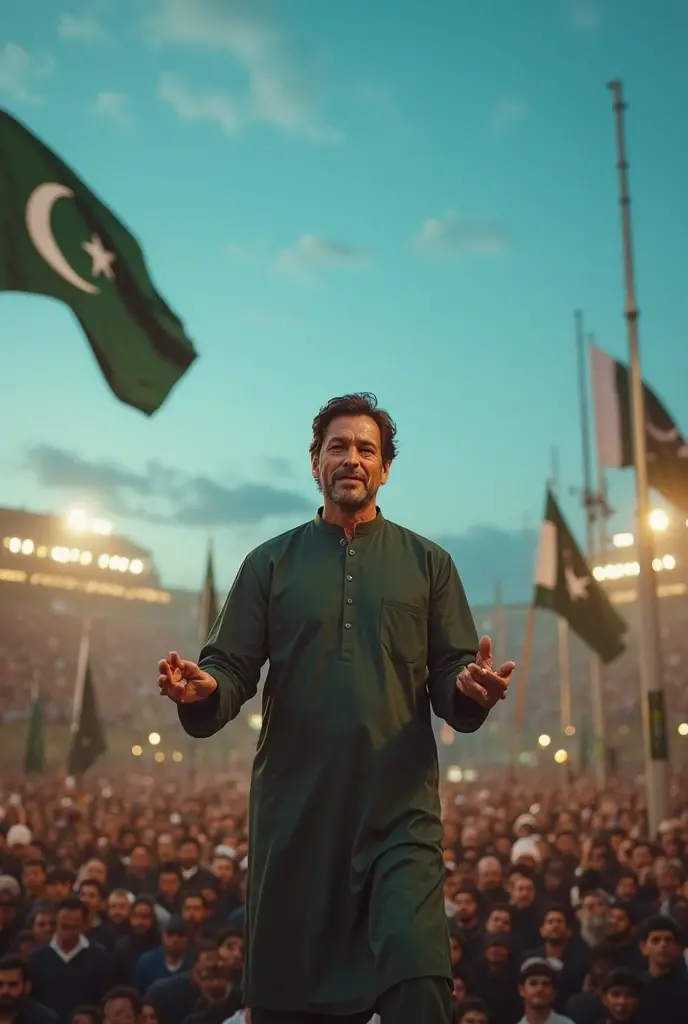 Imran Khan with smail Pakistani flag on santer of millions of people like