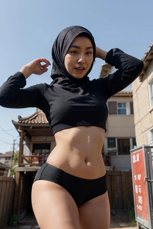 Portrait photo of a young malay girl, (laughing:0.7), (mira filzah face), malaysian, look at a camera, black hijab, black bra and panties, complex city background, backlit, (cinematic:1.5), epic realistic, hyperdetailed, detailed skin texture, mole below eye, insane details, intricate details, accent lighting, soft volumetric light, bokeh, (dramatic light:1.2), (neutral colors:1.3), cross process, night background. portraying the motion and grace of running, showing the wind blowing her hijab, fluid movement, capturing the essence of her athleticism and energy, running