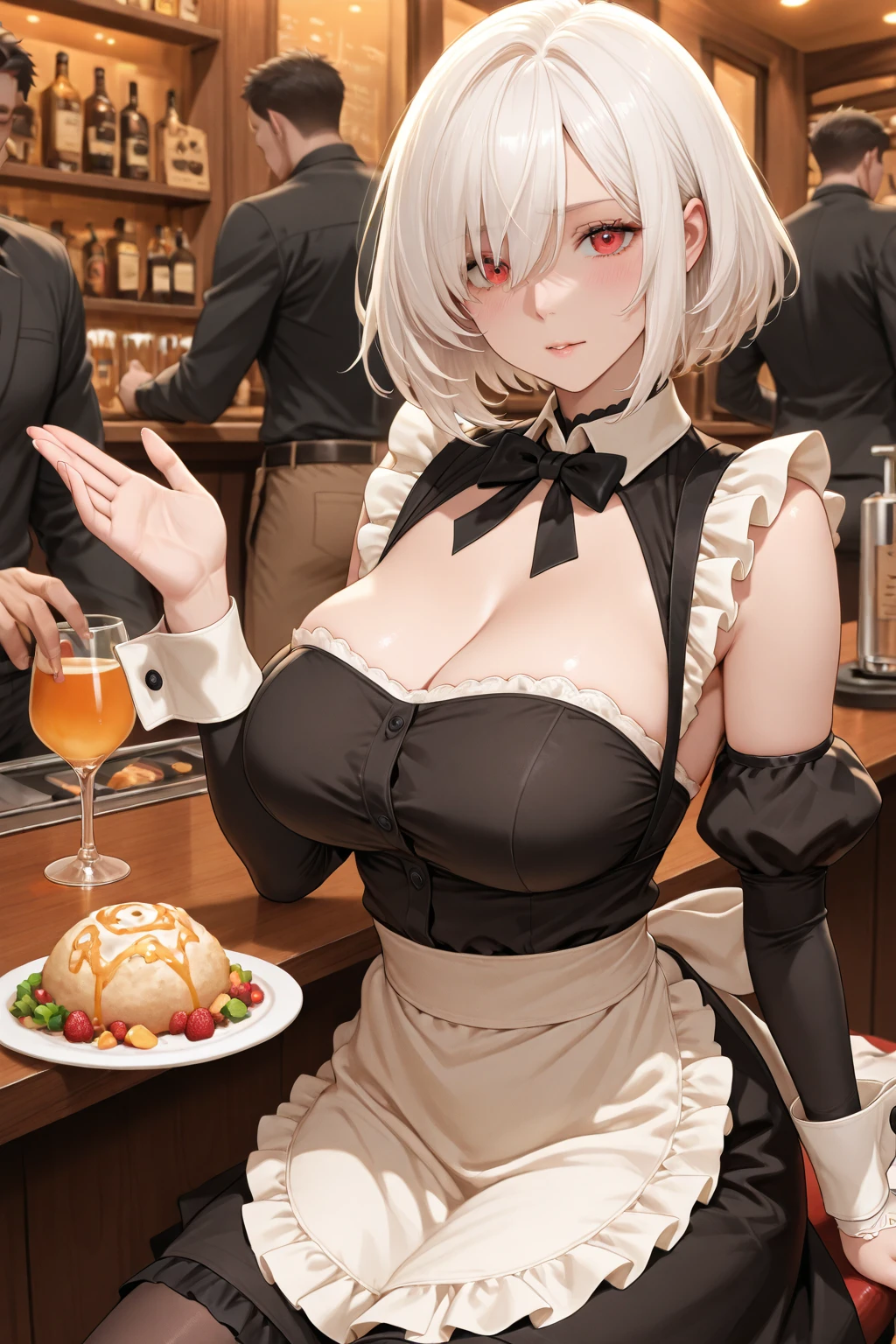 ((32k)), ((best quality)), ((ultra high res)), ((HDR)), ((UHD)), ((extremely detailed CG)), ((unity 32k wallpaper)), (1girl), ((18 years old)), (ideal ratio body proportions), very long hair, looking at viewer, blush, smile, bangs, thighhighs, bow, holding, cleavage, jewelry, (((white bikini))), (huge breasts), closed mouth, standing, swimsuit, (white hair), short sleeves, bikini, ((cowboy shot)), earrings, frills, food, black thighhighs, indoors, bowtie, cup, puffy short sleeves, wrist cuffs, grey eyes, thigh strap, detached collar, side-tie bikini bottom, thigh gap, table, single thighhigh, plate, tray, teacup, bridal garter, holding tray, ((from below)),