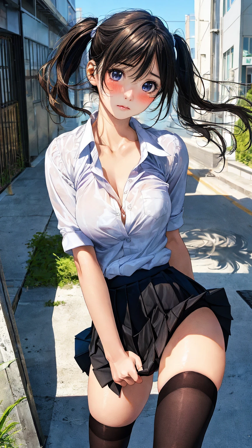 raw photo, 1girl, cute face, beautiful face, medium breast, collared blouse, White blouse, pussy, nipple, light smile, detailed skin, simple background, Above the knee, (skirt lift:1.2), skirt lift pov, panty pull, shirt lift up, bra lift up, constricted waist, shirt_lift, Seductive pose, photorealistic, depth of field, masterpiece, best quality, anatomically correct, super detail, textured skin, accurate