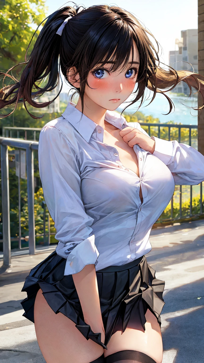 (masterpiece:1.2, Highest quality), Ultra-high resolution, Super detailed, (Realistic, photoRealistic:1.4), Beautiful illustrations, Perfect lighting, colorful, Depth of written boundary, 
View your viewers, whole body, Front view:0.6, 1 Girl, alone, Japanese, high school girl, Improve, (Large Breasts:0.8, Big Ass, Captivating thighs, Skin Dentition),
(Long Hair:1.5, Side Ponytail), Light Brown Hair, Asymmetrical bangs, Purple eyes, Part your lips, (Very tanned and shiny skin), 
Beautiful Hair, Beautiful Face, Highly detailed face, Beautiful attention to detail, Beautiful clavicle, Beautiful body, Beautiful breasts, Beautiful thighs, Beautiful feet, Beautiful fingers, 
(Beautiful views), Daytime, Outdoor,
((Collared short-sleeved shirt, White shirt, , pink plaid pleated skirt, Black tie)), White panties, Polka dot hair scrunchie, 
(Kneel, Sexy pose), (A seductive smile), 