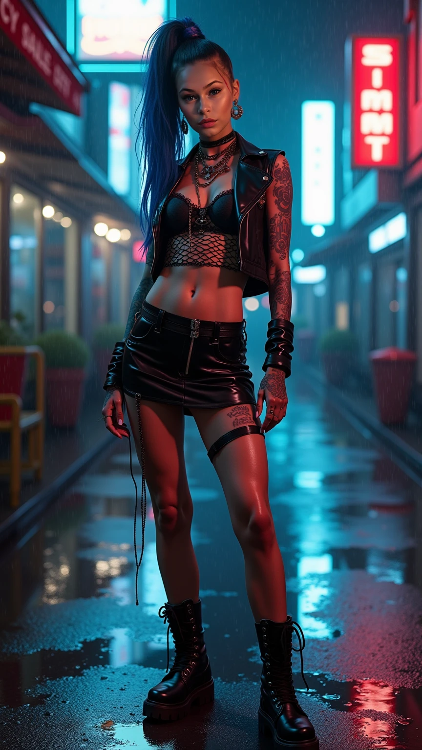 Gothpunk fashionista posing on futuristic downtown city street, night, thick muscular defined legs calves, complementary contrasting skin fabric tones threading, colors textures flow together in a complementary way, geometry, fluidity, professional photography, Hasselblad, ultra-sharp Intricate details, 32k UHD, HDRI, post-processing ，