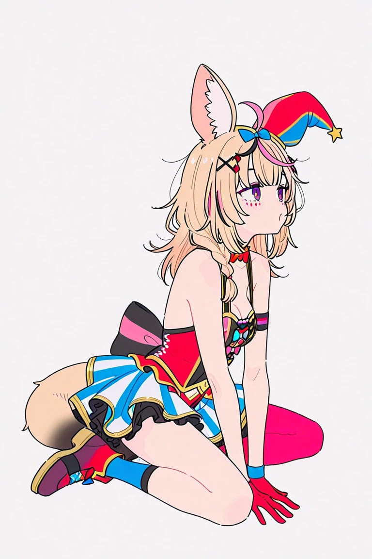 Yayoi Kusama, pink and light blue, centered, nipple seal and low-rise shorts fusion, small, female brat, thick eyebrows, thin waist, pigtails, beautiful blonde, braid, rabbit ears, (masterpiece), ((highest quality)), (super detailed), girl, clean and detailed face, five fingers, textile shading, perfect human body structure, perfect anatomy,