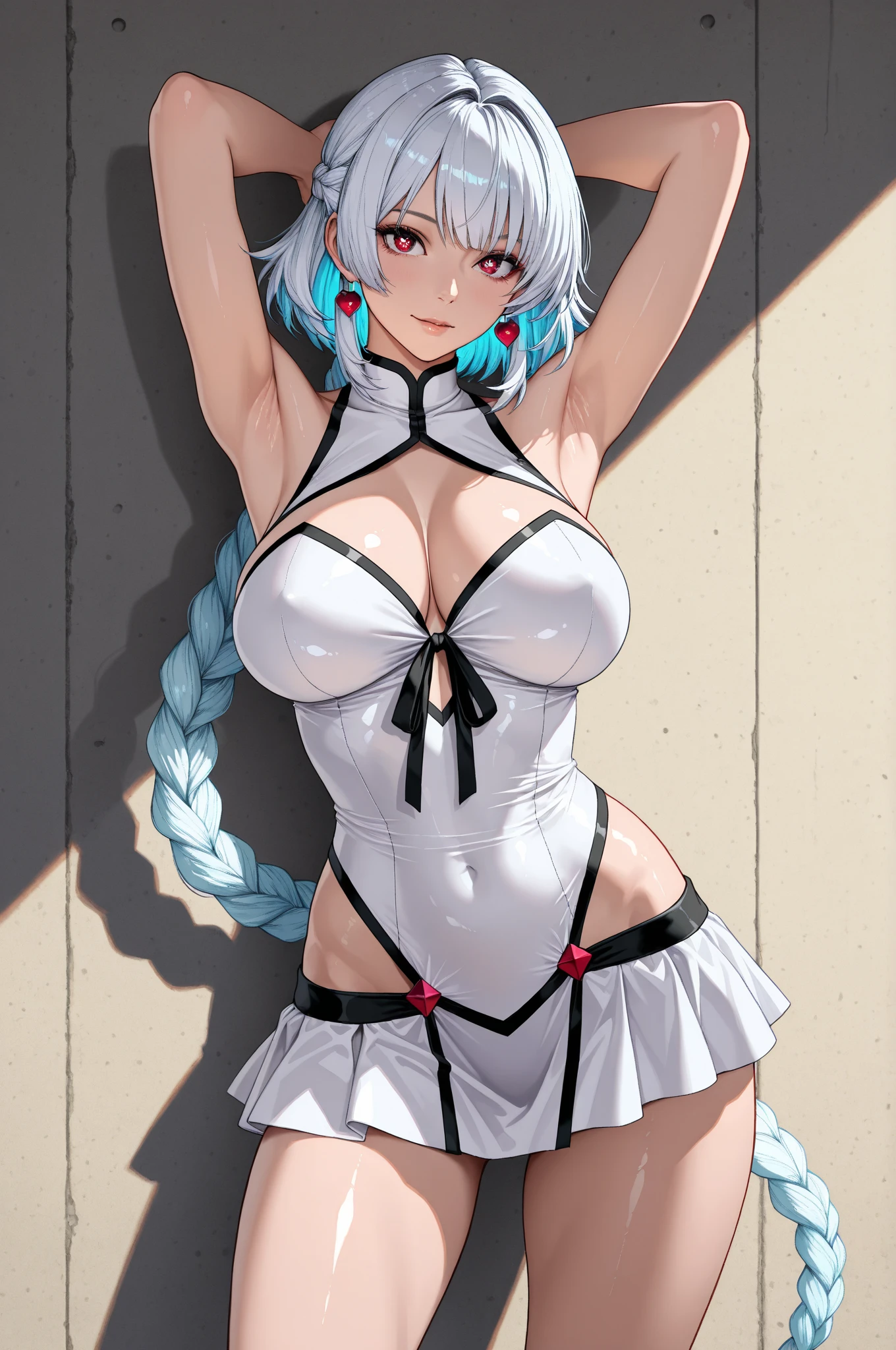 One piece anime, sexy woman, transparent white extremely tight and very small one-piece swimsuit, loose black skirt, white hair with blue highlights, NSFW, 