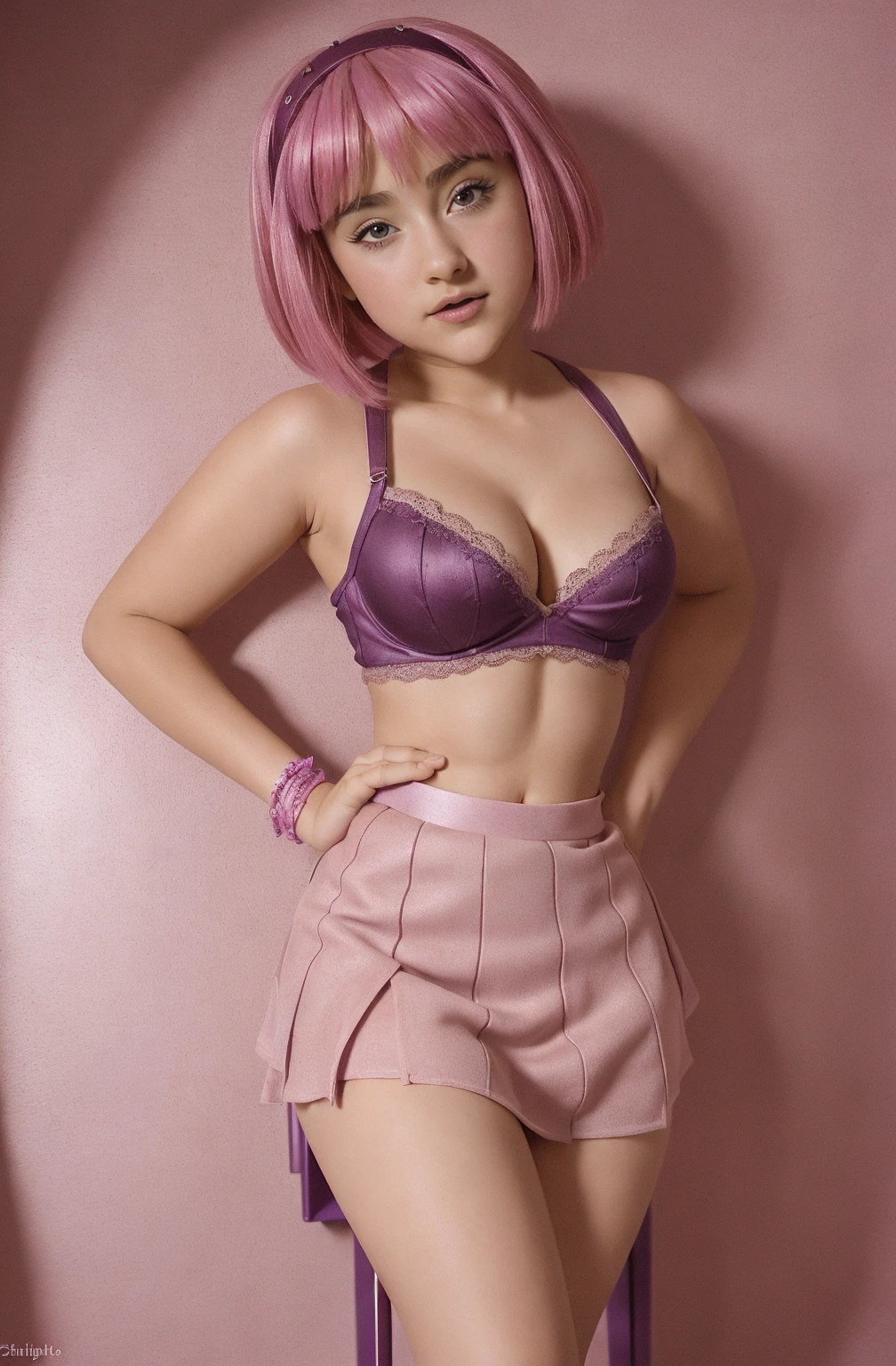 masterpiece, absurdres, sakura\(boruto\), 1girl, solo,mature female, detailed purple bra lenjerie, detailed purple thong lenjerie, using sexy, open clothes, open shirt, perfect composition, detailed lips, breast, beautiful face, body propotion, blush, (pink lips), short hair,  green eyes,  soft gaze,  super realistic, detailed, photoshoot, realistic face and body, thighhighs, full body, erotic pose, provocative pose, standing pose 