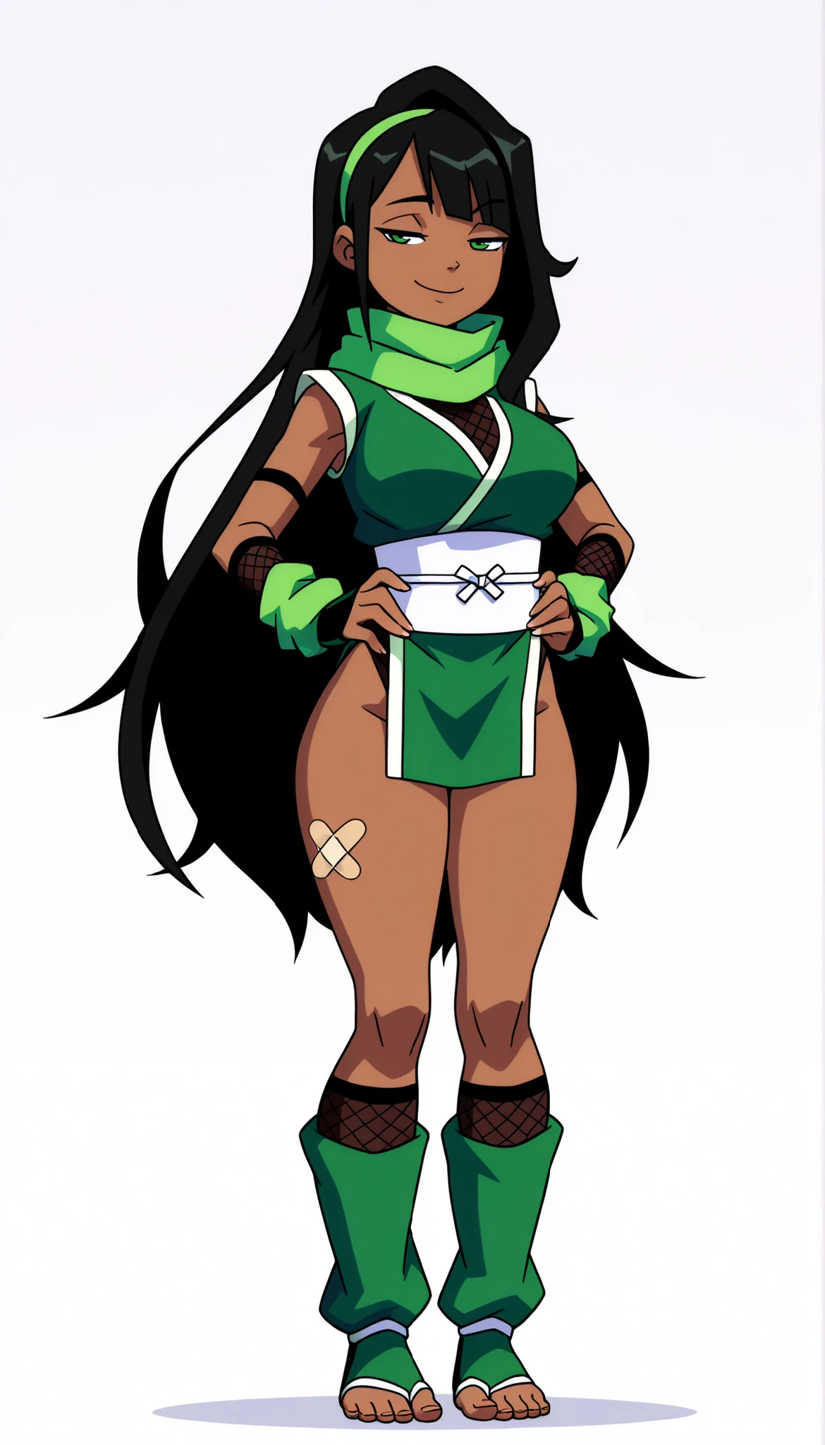 ((Highest Quality)), (Simple background), 1girl, full body, standing, breast, thighs, smile, seductive, half-closed eyes, dark skin, green eyes, black hair, very long hair, side bangs, single hair intake, gyaru, wrist scrunchy, green hairband, bandaids on legs, Full body:1.5, (Ninja outfit), (Ninja costume), (Ninja clothes), (Green ninja),