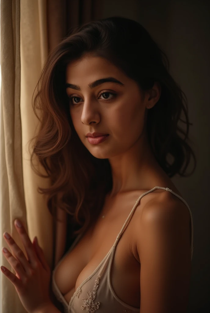 Portrait of A confident-looking white rea chakraborty , actress rea chakraborty, white woman with bun of long and thick brown hair tied behind and covered with flowers, hazel eyes, ?????, breast visible ???????? visible private hair, side view of ass, medium breast, wearing lots of jewellery, smile on face, lusty look, standing in bedroom, perfect composition, hyperrealistic, super detailed, 8k, high quality, trending art, trending on artstation, sharp focus, studio photo, intricate details, highly detailed, art by greg rutkowski