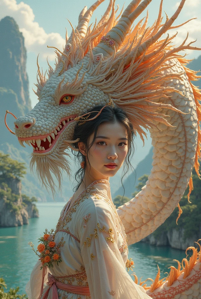 masterpiece, best quality, making friends with the Chinese dragon, fun, happy, bright, loong,