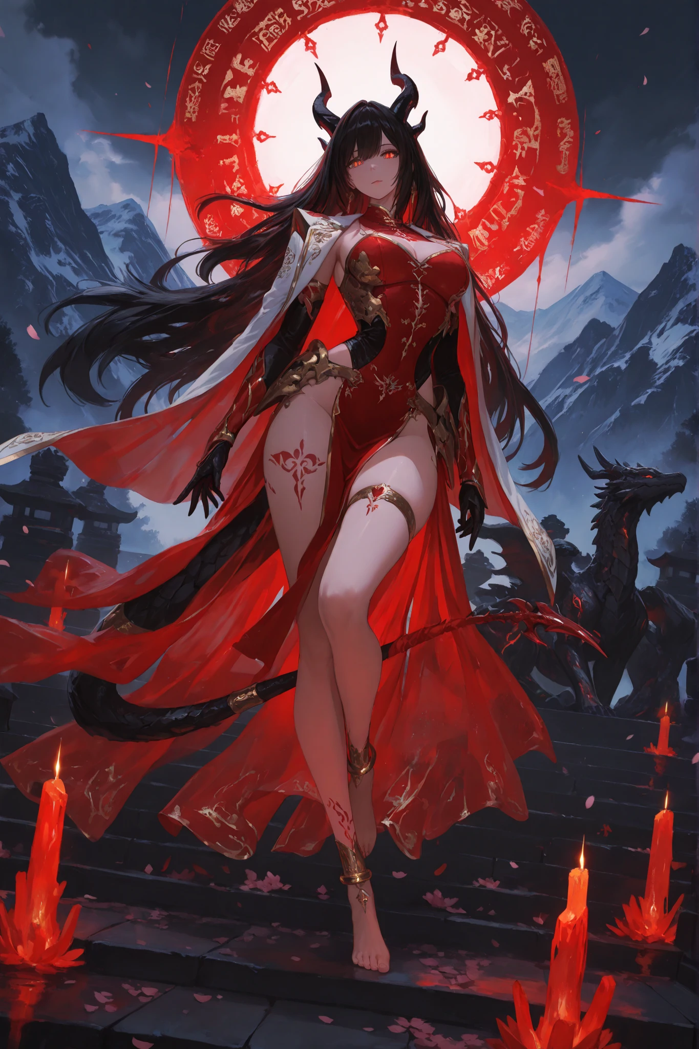 Zanna, a deusa da morte. Zanna possessed an elegant and graceful appearance, her black hair like the darkness of the abyss contrasted with her incandescent red eyes. Vestida com trajes brancos como a neve, she emanated an enigmatic and powerful aura.