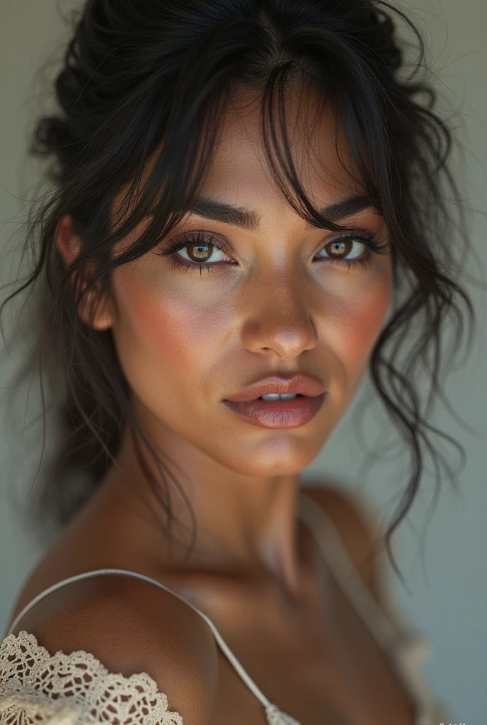 Black and Vietnamese mixed-race naked woman with turquoise eyes and fake boobs. And very Curly hair with freckles. And heterochromia