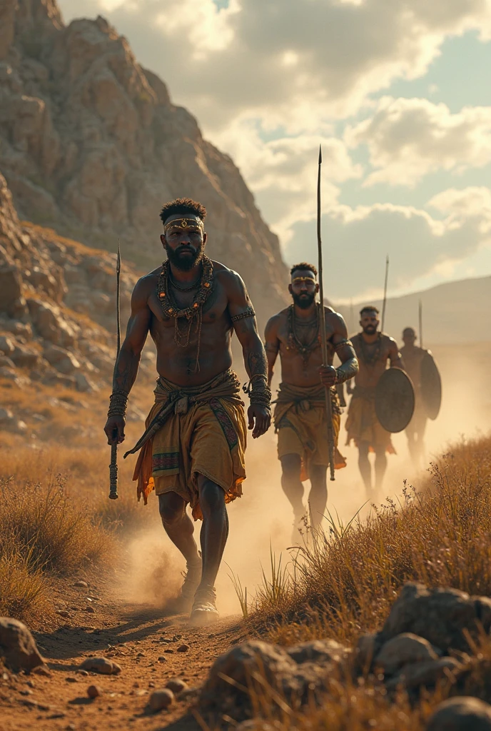 Young zulu teenage warriors with bloody spears