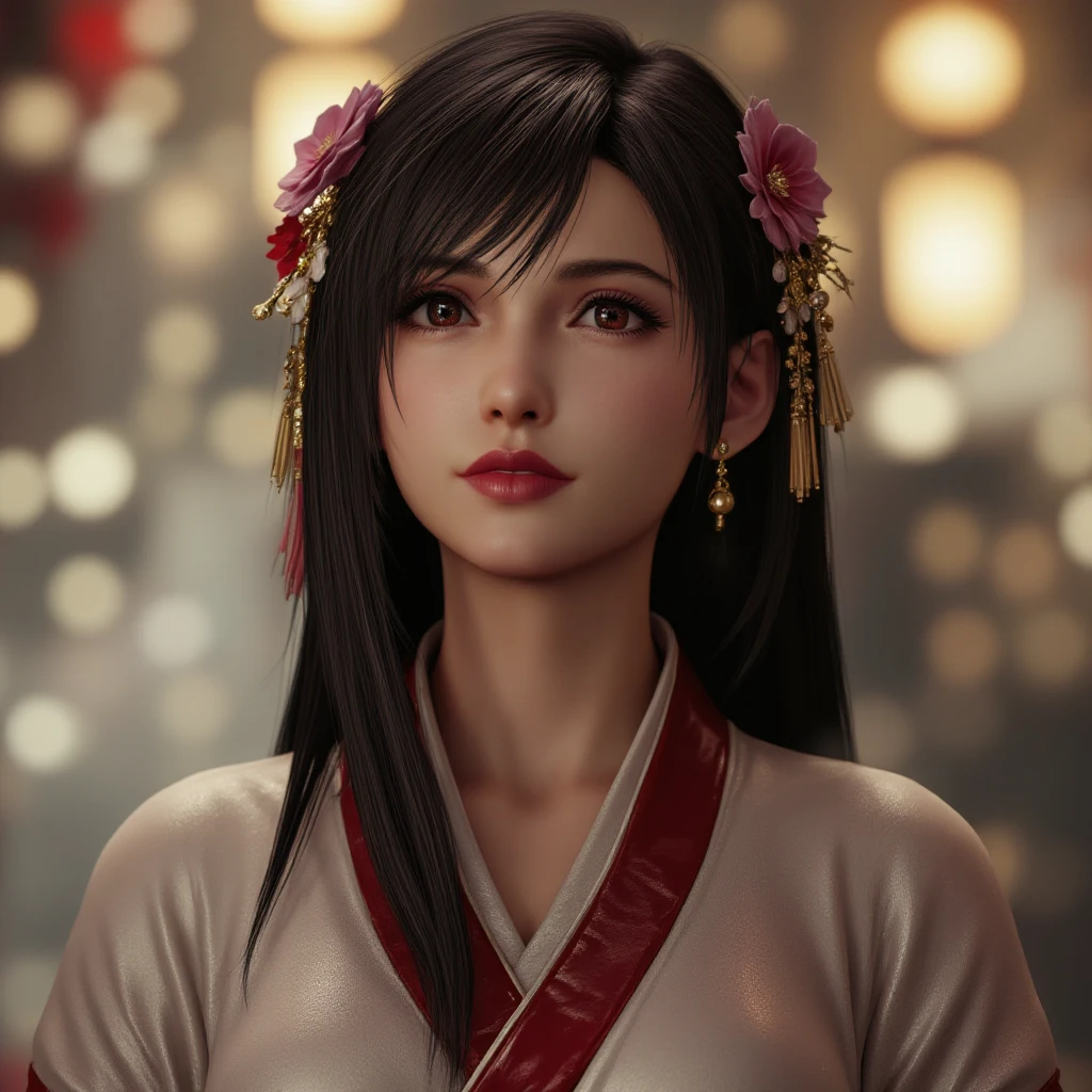 masterpiece, ultra-high quality, best quality, ultra-high resolution, 8K resolution, extremely high detail, (photorealistic:1.6), intricate, 1girl, focus on one, (high detailed face:1.4),black hair, long hair, grey eyes, smiling, (looking back), in gorgeous kimono, decorative patten on kimono, large breasts, slim waist, in traditional japanese garden,  cherry blossoms, falling petals of cherry flowers, shrine, torii, night <lora:tifaMeenow_tifaV1:0.9>, full body