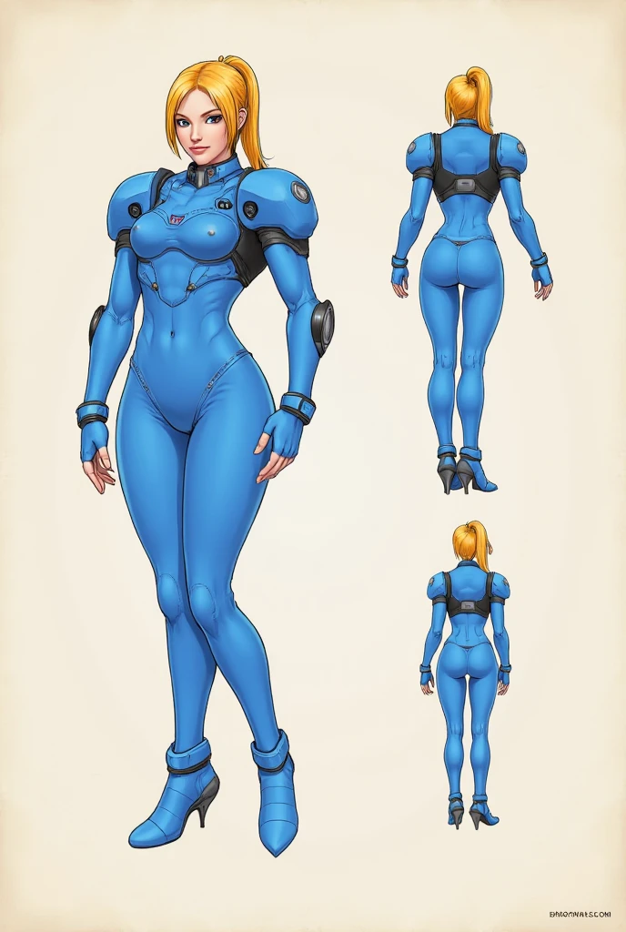 Sarah,high ponytail,blue eyes,long hair , standing, hands on hip, solo, 
SarSuit,blue bodysuit,belt ,belt, sleeveless,zipper,boots,high heels,earrings, fingerless gloves,
(insanely detailed, beautiful detailed face, masterpiece, best quality) <lora:Sarah-10:0.7>