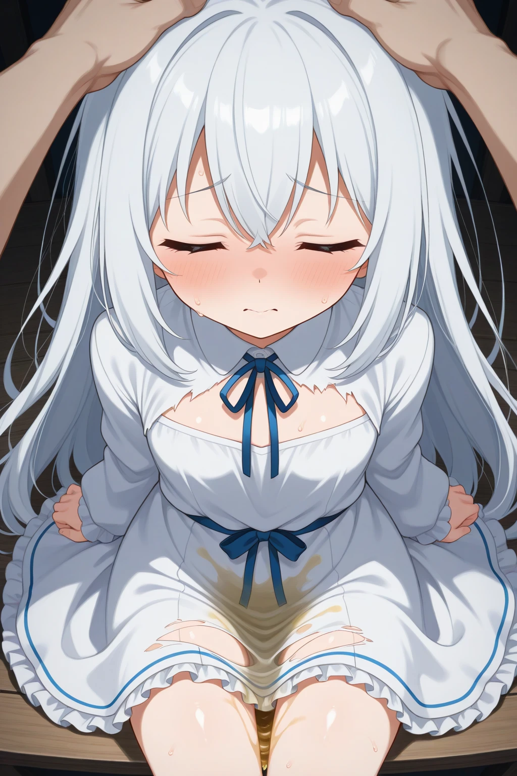 (Anime: Girl. 1 girl. Cute girl. . Slave. White hair. Long hair. Blue eyes. Beautiful eyes. Slave collar. Shackles. Dirty tunic. Torn tunic. Dirty panties. Torn panties. barefoot). (Cold: Runny nose. Wants to sneeze. Needs to sneeze. Very desperately wants to sneeze. Sneezing. Sneezing. Snotty sneezing. Snot flows from the nose when sneezing. Nasal mucus. Handkerchief. She sneezed. She sneezed with snot spraying out of her nose. Covers her nose hand. Blows his nose). (Urinary incontinence: Wants to pee. Needs to pee. She pees under herself, pees in her panties, crying, very desperate to pee, she peed herself, urine runs down her thighs to the ground). (Diarrhea: Wants to poop. Very strong desire to poop. She needs to poop. She poops under herself, poops in her panties, she craps herself. The poop comes out of her butt in torn panties and poops on the ground). (The girl sneezed, peed and crap herself while standing in the slave market, cover her nose with one hand and blow her nose, and the other tightly covers her crotch). (Hand with a handkerchief near the face, hand between the legs). (Shaded face, desperate, worried, sigh, blush all over face, embarrassed, looking: 1.5), (Ultra detailed face, Best quality: 1.5), (From Side) (8K, ultra-detailed, Best quality, anatomically perfect body:1.5), (small breasts:1.2), (shiny skin), (ever tall, full body, standing, (Standing sneezes, pees and poops.) (NSFW, sneeze fetish, Urination, pee, pissing, pining, scat). Standing at full height.