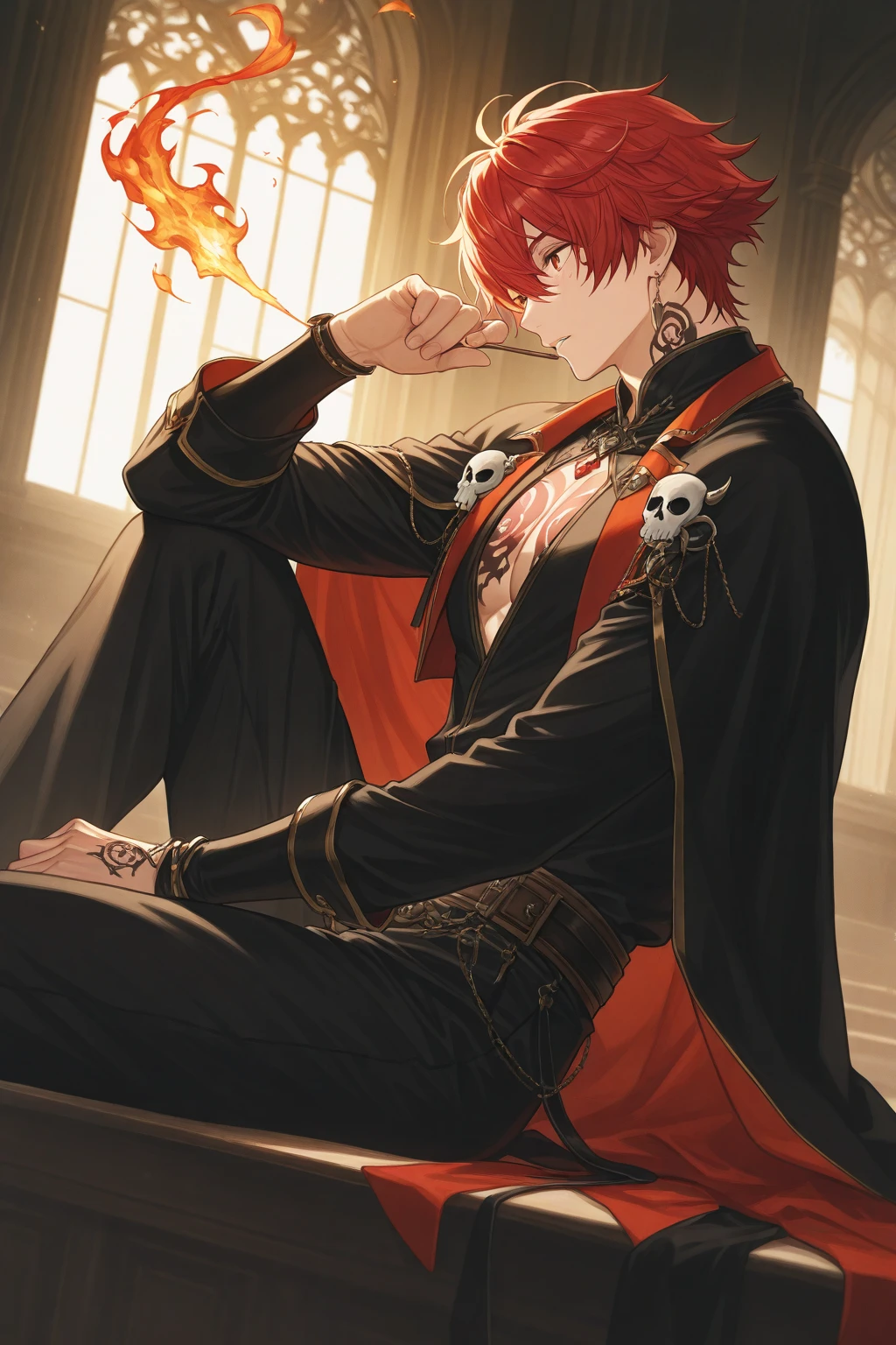 tartaglia (genshin impact), 1boy, orange hair, blue eyes, crazy smile, blades, blades in the hands, in full growth, (blood on the body), red moon, a lot of blood, bloody corpses of people at the feet, people are lying at their feet, blood drips from the blade, blood on clothes, open shirt, red shirt, open chest, toned body, muscles