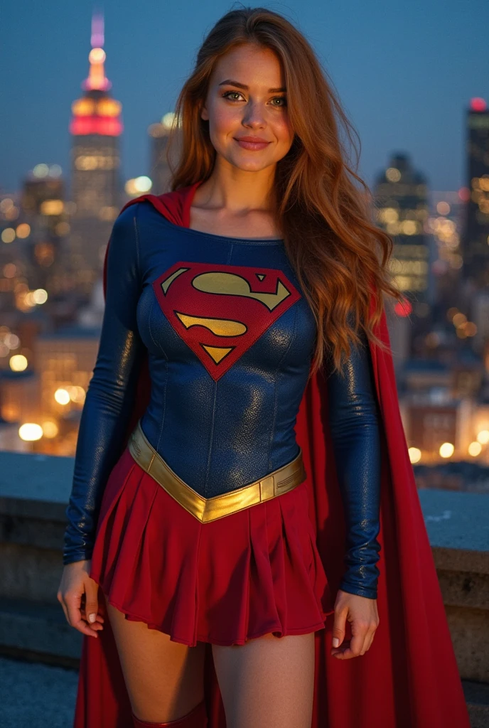 a woman, 25ear old, long brunette hairs, 8K, UHD, flash lighting, professional lighting, textured skin, romantic smile, sexy, cleavage, superwoman cosplay, superman costume, torn costume, on a buiding roof, at night, red cape