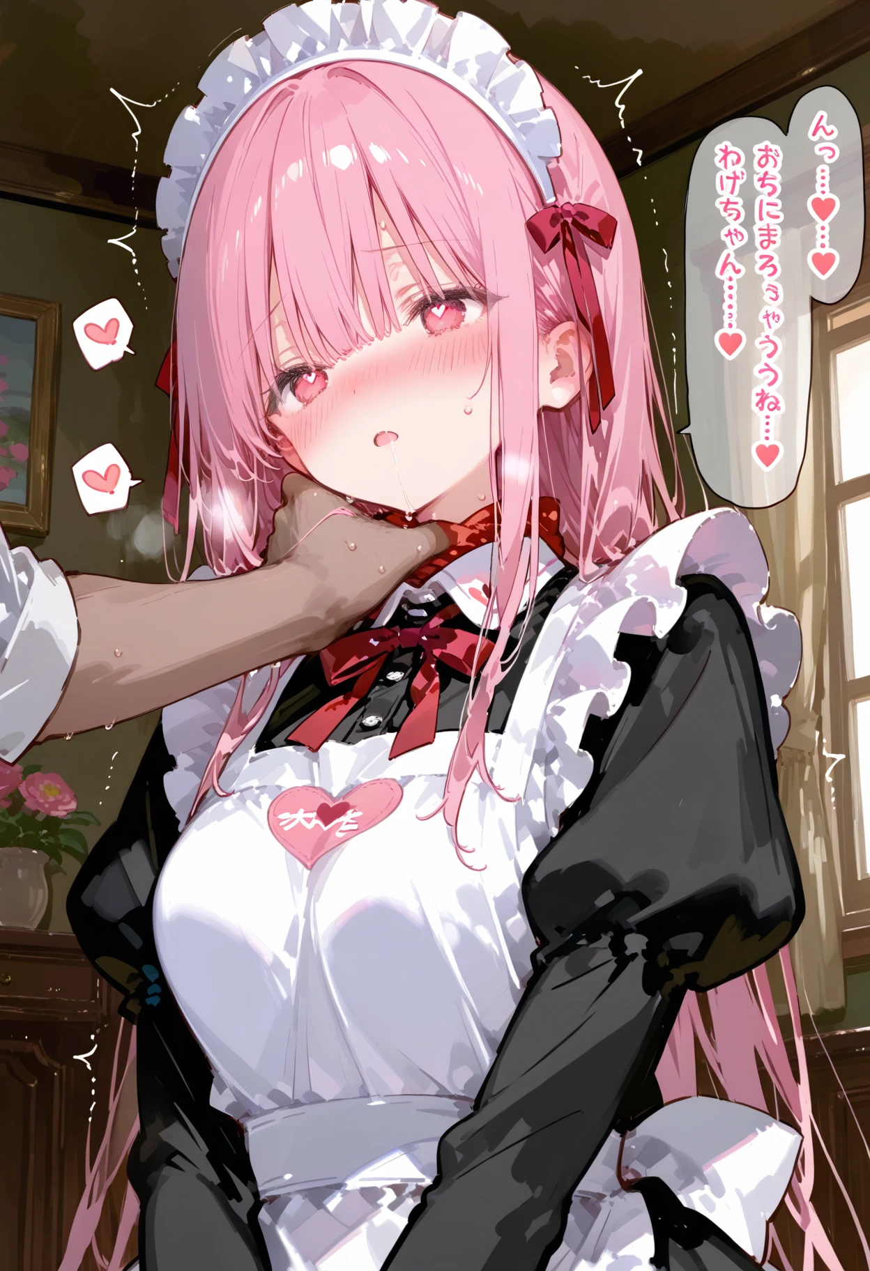 one male and one Girl with pink hair, long double-tailed hairstyle, ((small pink bushy eyebrows)), dressed in lolita clothes, marked vagina, lolicon (Zankuro) drawing style by zankuro artist, ザンクロー style, image uploaded to R34, girl sucking penis cum bubbling out her mouth, delicately holding the testicles, in a street, girl giving a blowjob to male, close up