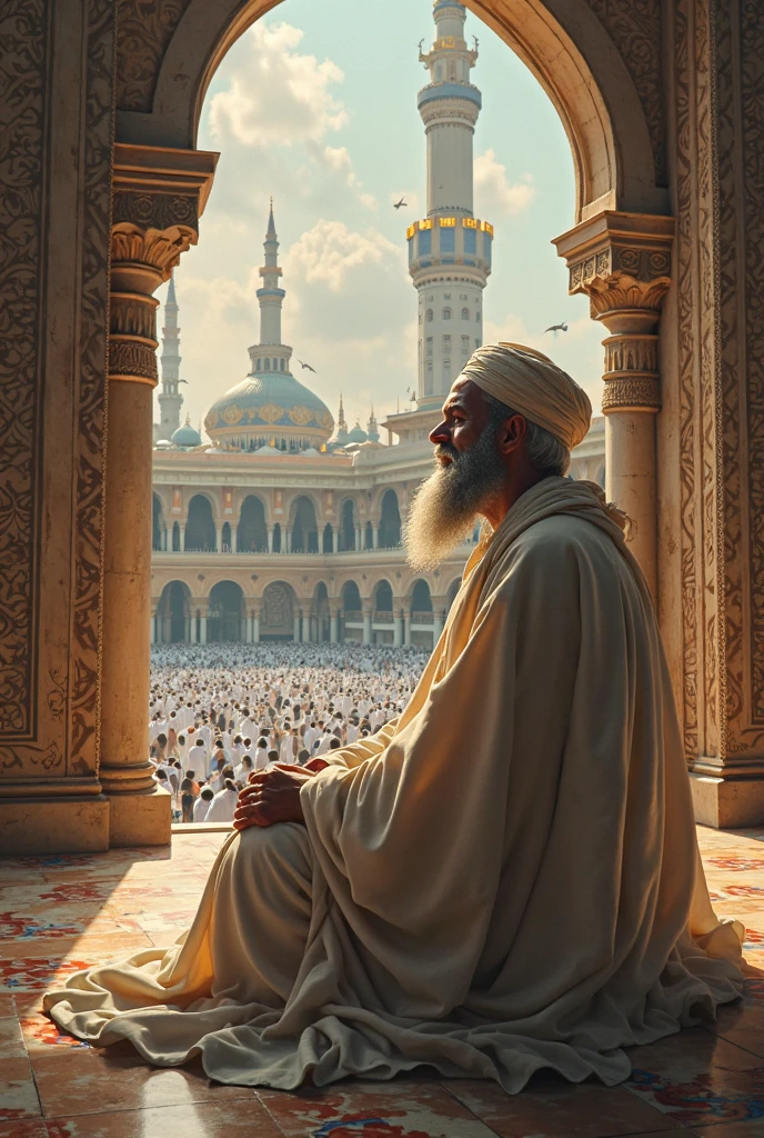 Hazrat Abdul Muttalib is shown standing in front of the old Kaaba pic with his hands raised in prayer. The atmosphere is calm and peaceful, with the simple black structure of the Kaaba prominently centered. The sky above is clear, symbolizing the strength of his faith.