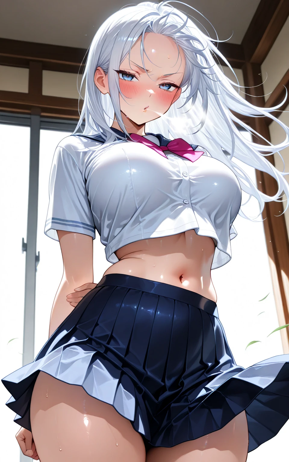Anime style, 1 girl, silver hair, big , High school, underboob, upskirt, pink panties, pussy tag