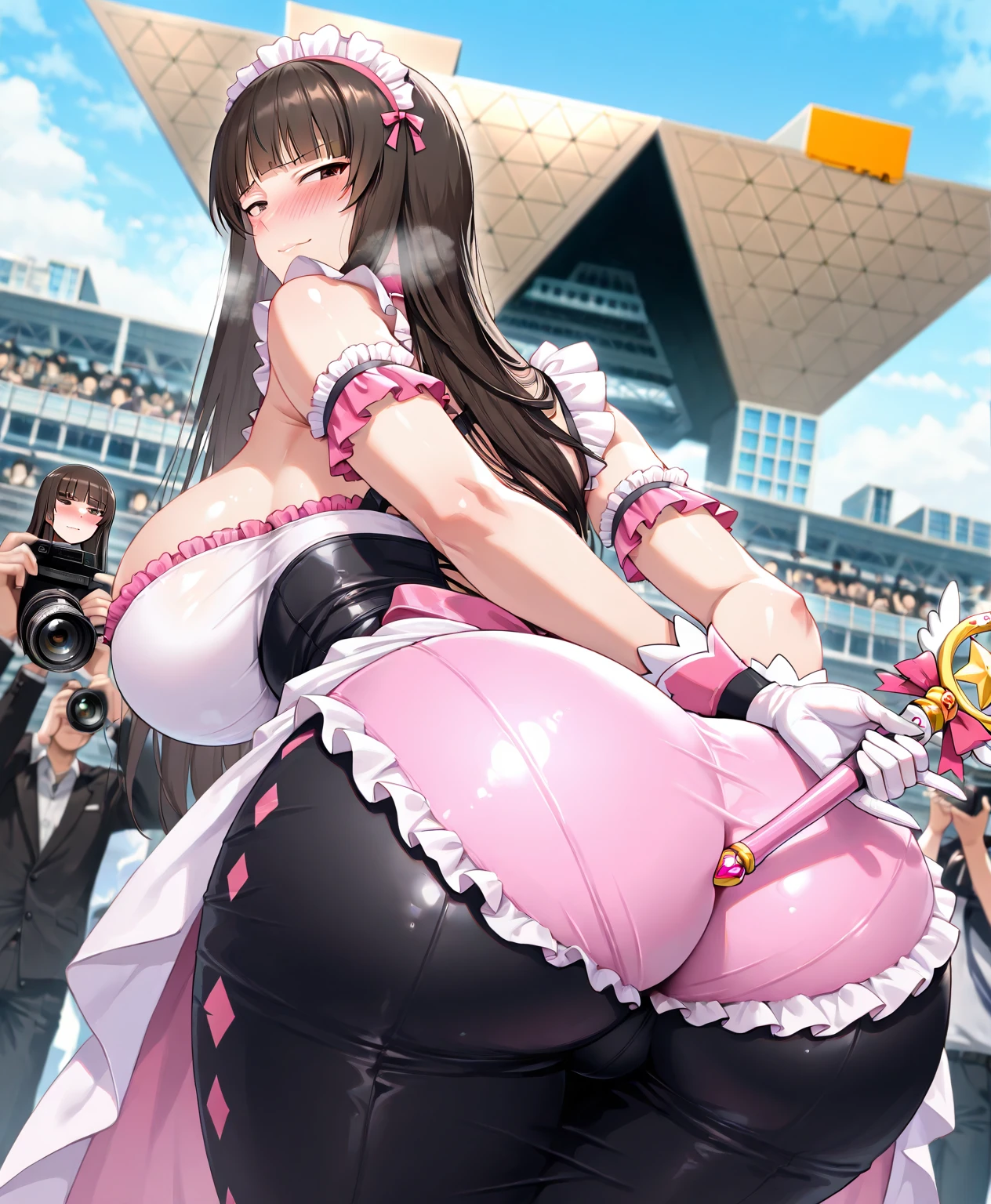 nsfw,1 girl, ((mature woman)), ((black skin)), Sexy corset, unrealistically large、very big breasts, (()), (huge ), (big badon car), ((spinel pink eyes)), ((Gemstone Brooch)), Window, earrings, ((Soft hands))、wide open legs、(Overflowing sexual fluid:1.2)、dynamic pose、vagina、in sex、1 suit man、woman on top、thick penis、(fuck from behind)、open your mouth and stick out your tongue、Pained face、Braid、sticky sexual fluid