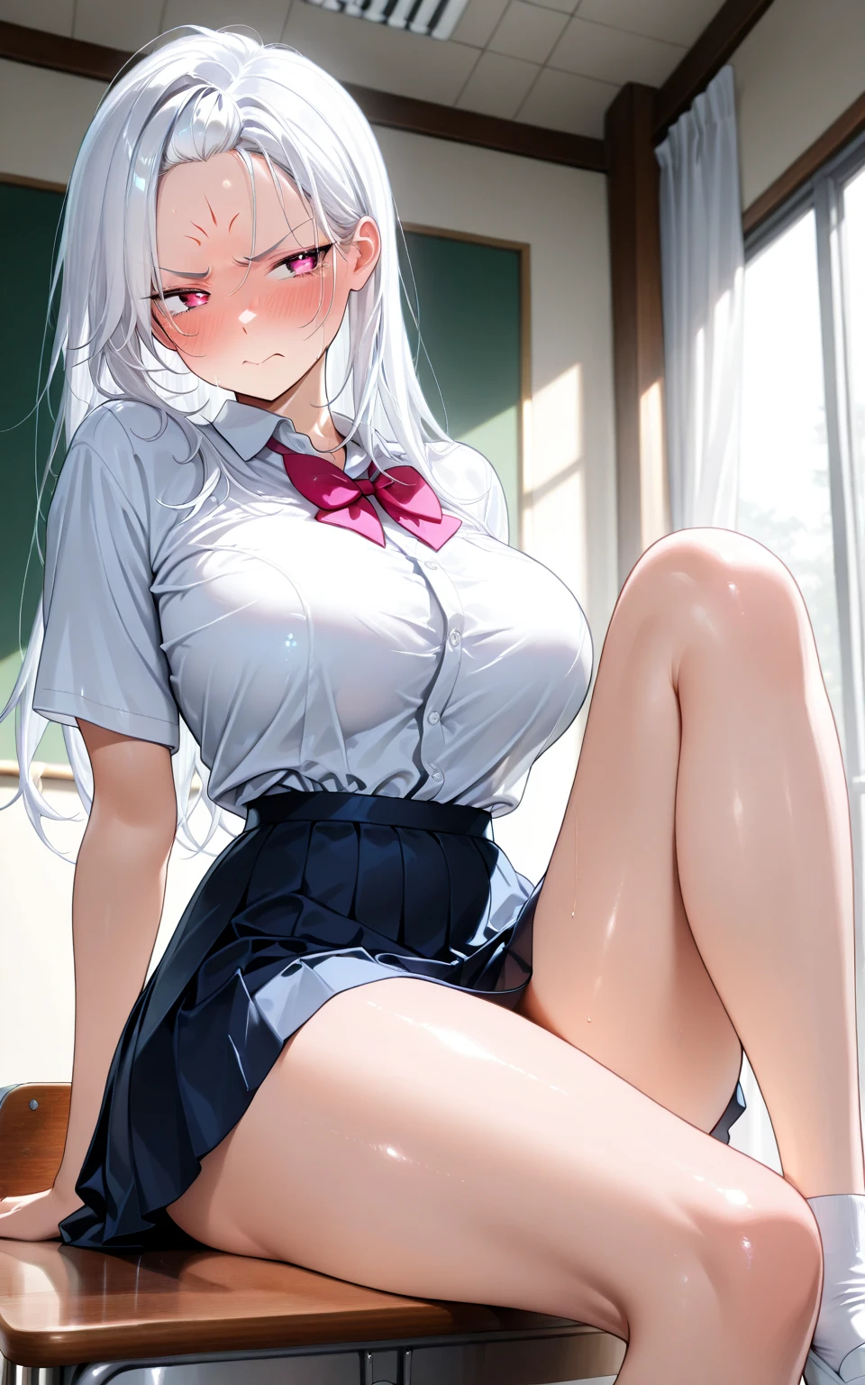 8k, RAW photo, best quality, masterpiece:1.2,1girl,mature female,beautiful face, cleavage,((White_hair:1.2)), big wavy hair, soft light, (natural skin texture:1.2), (office_lady),((pull panties))、cowboy shot、((panty pull))、(wearing a skirt:1.2),bent over、(locker room:1.2),(wet skin:1.2),Hot, sweating