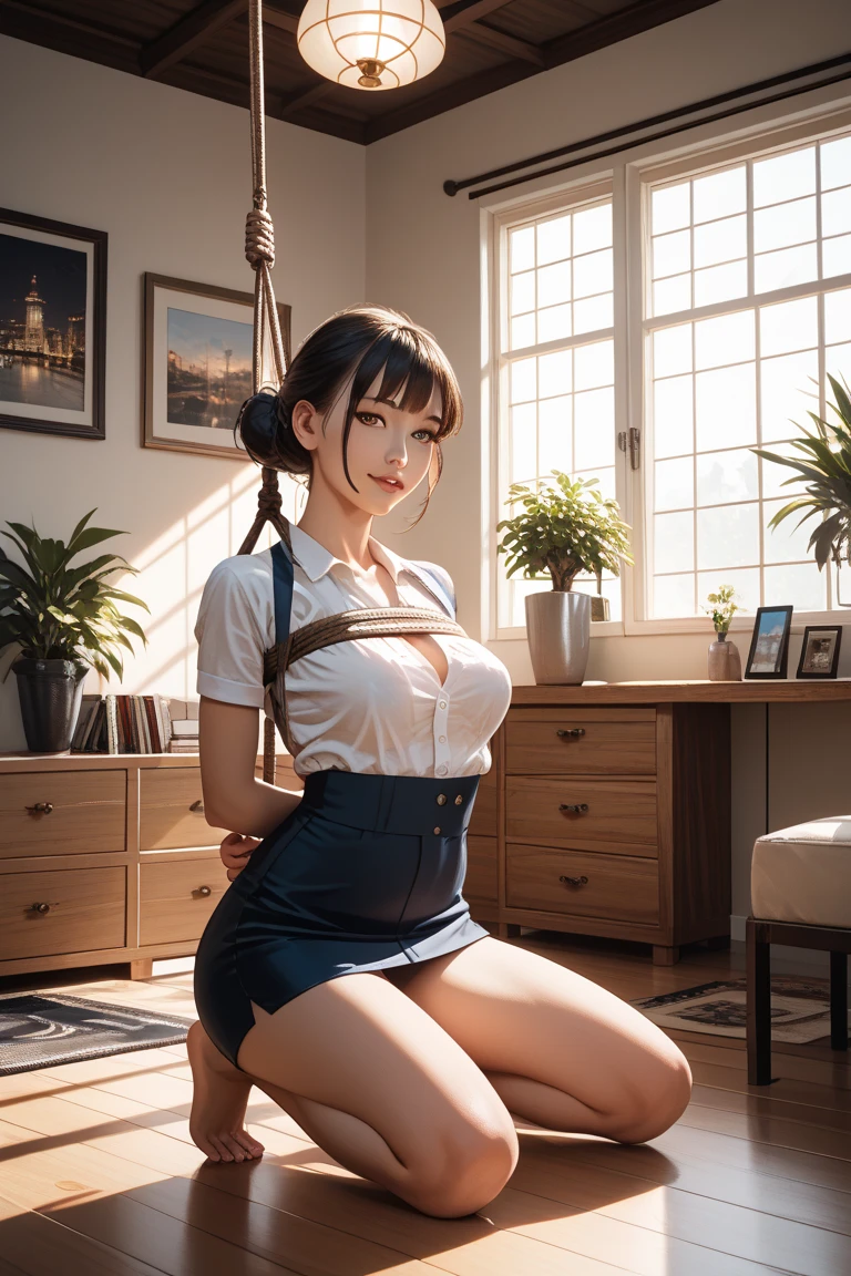 best quality, master piece, 8K, Photorealistic, Raw photo, hight resolution, Fibonacci lighting, front facing view, Fibonacci composition, ((full body visible)), BREAK, (Japanese Super cuteness overload MILF mature Women's secretary), lewd, bitch, slut, BREAK, (((Wearing detailed real secretary suit uniform and tight skirt outfit))), show panties, (((wearing detailed real stockings and high heels))), BREAK, Arms up behind head, Squatting, Spread legs, BREAK, shibari, detailed real shibari, (rope tied up all over), rope tied up tightly, (((((shibari rope tied up over clothes))))), detailed real rope bondage, detailed real rope bound, detailed real rope restrained, (arms rope bound behind head), (rope tied up crotch), (rope tied up chest), BREAK, (((crowded workplace))), ((seen by a lot of men)), BREAK, (incomparably peerless beauty and unrivaled cuteness Japanese MILF mature idol actress face), no makeup, curly bob, BREAK, silver ratio body, silver ratio face, silver ratio facial features, silver ratio short stature, silver ratio short torso, BREAK, detailed real Lightly sweating, detailed real wrinkles, detailed real skin, pale skin, porcelain skin, detailed real Lifelike face, detailed real facial wrinkles, detailed real eyes, detailed real hair, detailed real toned muscular glamorous slim curvy figure, (silver ratio detailed real gigantic big bursting breasts), (silver ratio detailed real cleavage), detailed real erection of nipples, detailed real pussy line, detailed real camel toe, detailed real armpit, BREAK, lewd, (30yo). 