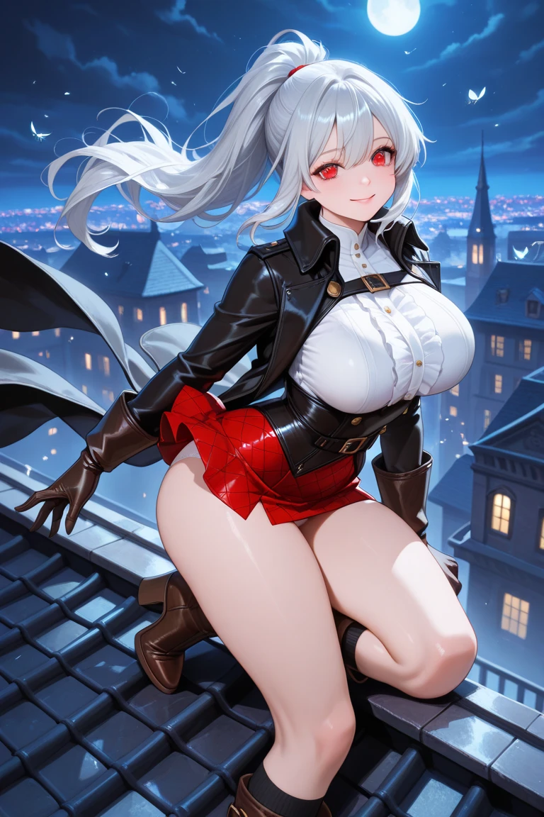 Highly detailed and realistic CG, Colorful, Masterpiece, Best Quality, jewel-like eyes, 1girl, solo, cute girl, white hair, shiny hair, short hair, spiky hair, black military suits, black military cap, black elbow gloves, black pantyhose, amber eyes, necktie, brown military boots, hand on hip hand on own mouth, contrapposto, evil smile, seductive smile, smirk, from below, large breasts, layered skirt, outdoors, night, (full body:1.5), villain, latex, shiny skin, cloak,