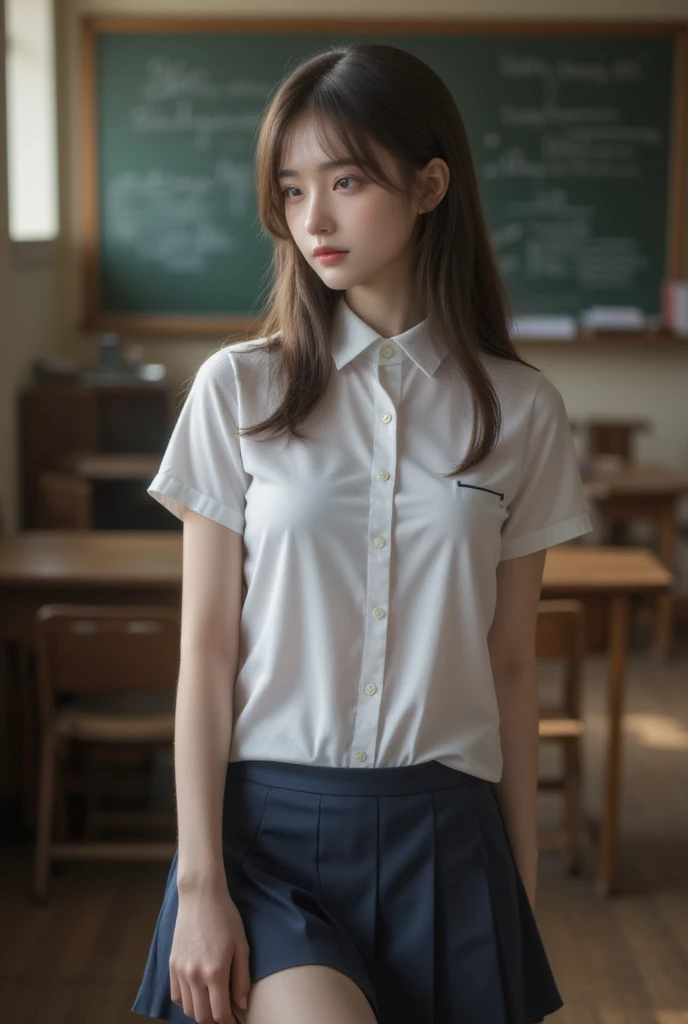 Shiina midday, classroom, uniform, highest quality, highly detailed, realistic shadows, realistic texture ,1girl,