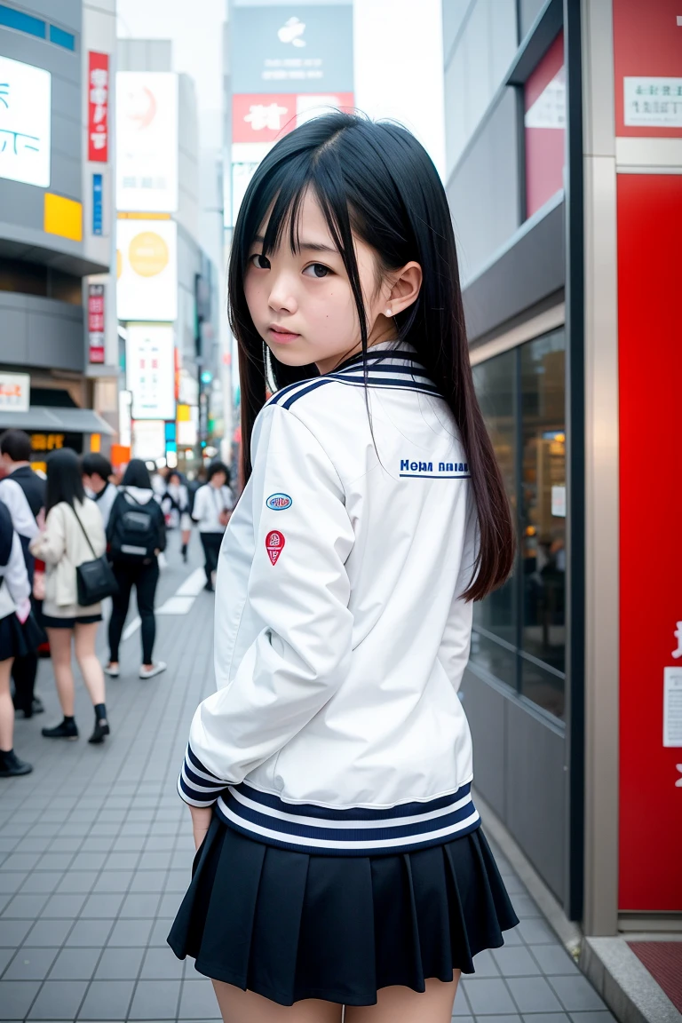 Girl with flamboyant appearance and rebellious attitude, Japanese, 15 years old, delinquent girl, alone, gal style with emphasis on cuteness, jacket, extremely short skirt, sneakers, bobbed hair, looking at me with upper eyes, looking at people, lonely expression, solitude, old Hakodate townscape in background, summer, evening, setting sun, movie A scene, realistic, 8K, masterpiece, super high resolution, RAW photo, highest quality,