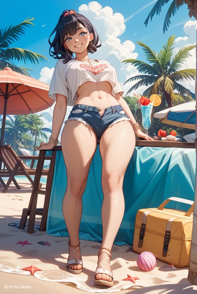 (8K、Highest quality、Highest quality、masterpiece)、Detailed face、One Girl、(Brown Skin:1.2)、Long Hair、Blue Right Eye、Yellow Left Eye、Heterochromia、Grin、(Bikini top Only、BikiniTop、Bikini Top、Denim hot shorts、Open Shorts、Unziped shorts、Mini Shorts、No Panties、NoPanties、Sexy pose、Suggestive pose、Spread pussy under shorts、frontal wedgie、wedgie、Spread vagina under shorts)、labia view、Beach、cloud、vagina、Spread Vagina、spread pussy、Big Breasts、