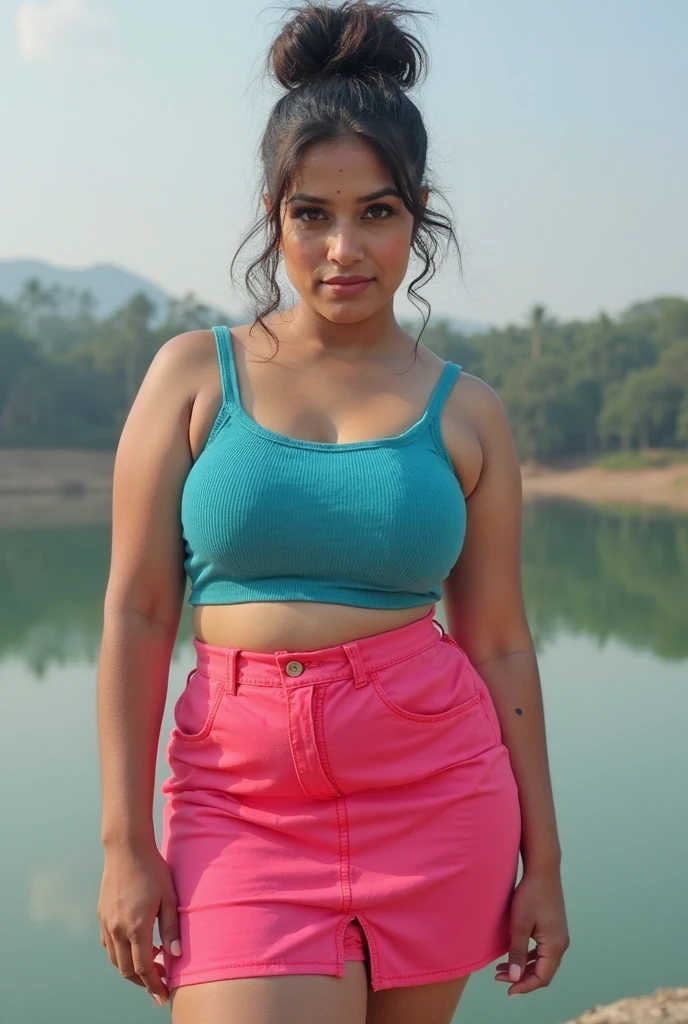 srabanti chatterjee Indian beautiful actress curvy plus size hour glass bulky figure woman, closeup camera view, wearing Young Boy Spider Printed Color Block Short Sleeve Top And Shorts Set For Summer, different style hairstyle, bright eyes, thin eyebrows, fair skin, blushing cheeks, prefect head to toe view, full body view, Lakeside Pier: A serene pier on a calm lake with reflections and peaceful surroundings. smile face, black hair, Indian face, perfect skin tone light, ultra realistic skin texture