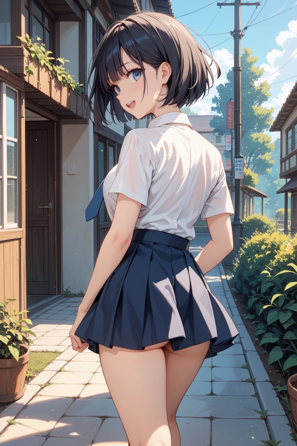 Highest quality:1.2、masterpiece、woman, 18-year-old, short black hair wavy hair、bangs、(White turtleneck knit)、(Blue long skirt:1.5), (((Black Stockings、Lace-look stockings)))、 Cute Smile:0.2、Black high heels、(((The wind blew her skirt away, Please show me my pants...)))、(Light blue lace panties)、Cute Earrings、(Please tilt your head a little)