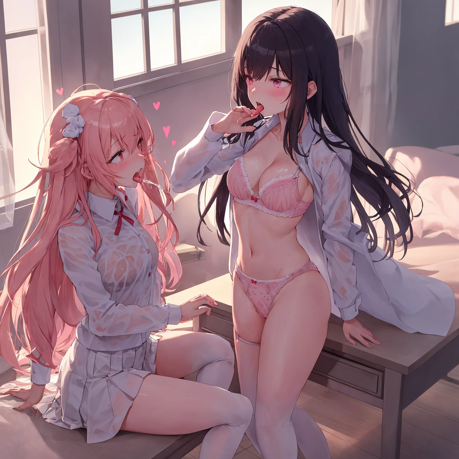 (Best quality, 8k, 32k, Masterpiece, UHD,:1.2),RAW, ((2girls)),ultra cute , natural lighting,transparent shining eyes, 20yo,medium breast ,fair complexion ,flushed face, dynamic angle,, (ecstasy:1.1) ,(slut:0.8), (vulgarity:0.8), (fucked silly:1),(steam:0.8),,(trembling:1.3)),(tears:0.7) ,sweat, Happily, blush, at classroom, skirt, (eye contact:1.3), nsfw, unbuttoned, bra,show off panties, From Behind and Below, Touching each other, topless, ((lace bra)), nsfw,