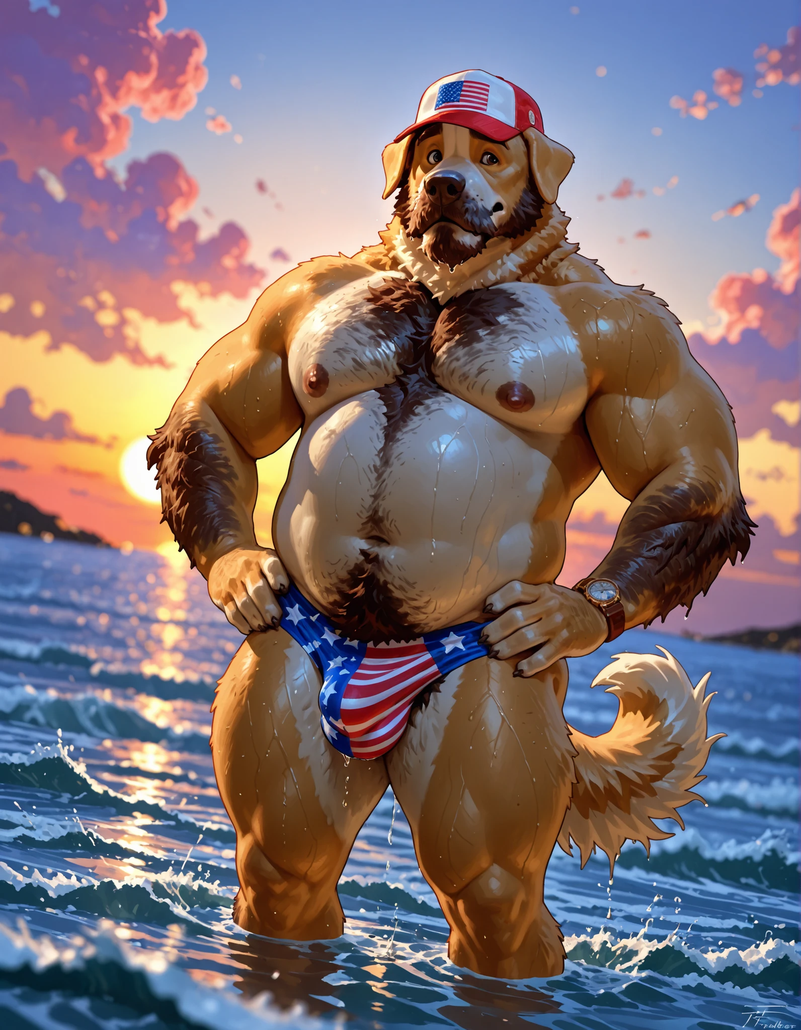 by Anhes, by Taran Fiddler, golden retriever, domestic dog, male, anthro, mature male, elderly male, bushy eyebrows, face wrinkles, jowls, body hair, hairy arms, paw pads, claws, hands on hips, scruffy gray facial hair, big nipples, overweight, fat, chubby, wide hips, thick thighs, gray pubic hair, bulge, detailed underwear bulge, wet fur, dripping water, standing in ocean, standing in water, waves, outside, American flag underwear, standing, trucker hat, nervous expression, wrist watch, dynamic angle, dynamic lighting, golden hour, depth of field, cinematic, sunset, colorful clouds, 4th of July, (indistinct furry background characters, multiple furry characters)