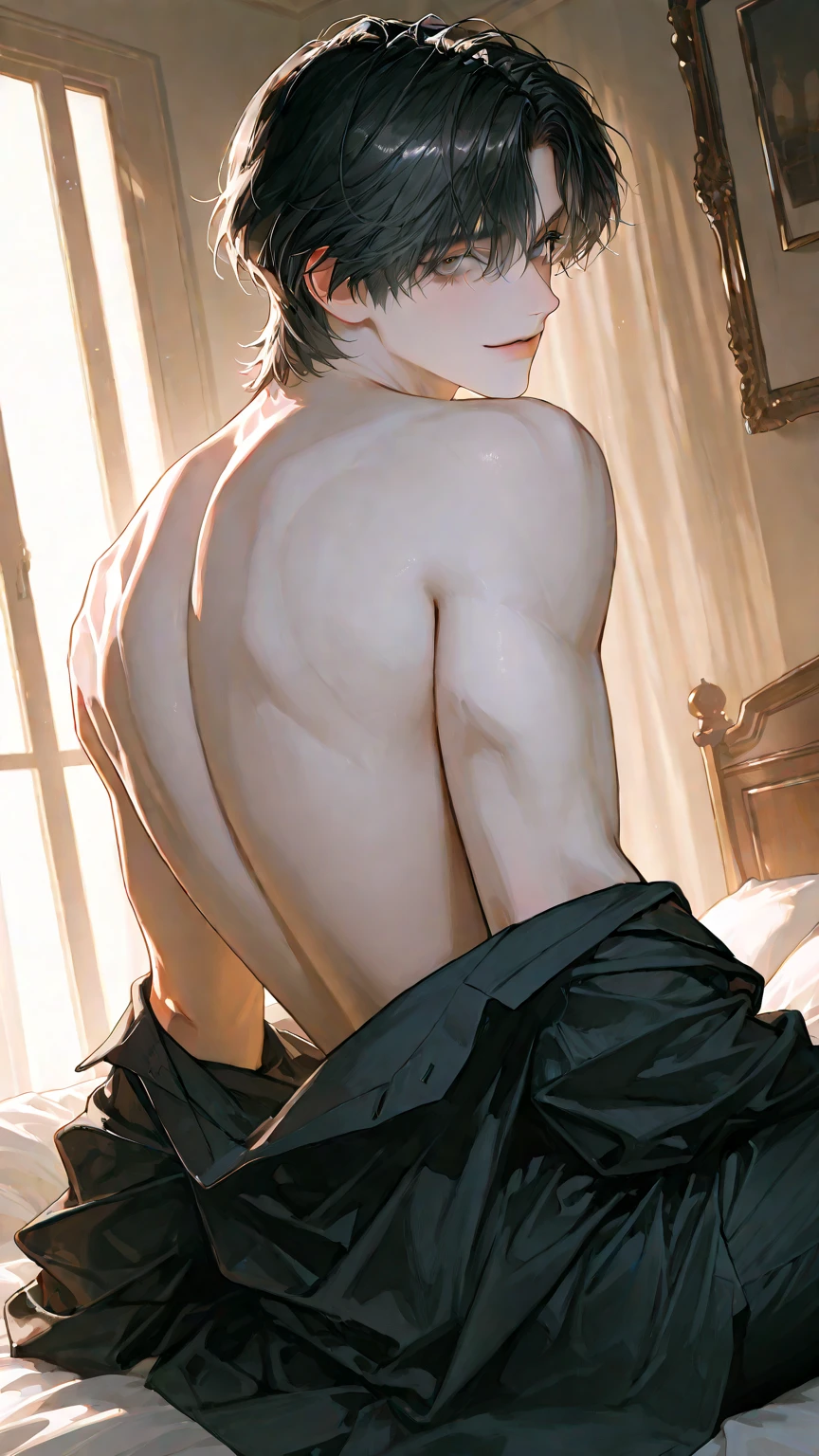 masterpiece, best quality, ultra detailed, (solo man), (male focus), ((Oblong face)), ((Square jawline)), black hair, ((hairs between eyes)), ((shoulder length)), ((narrow blue eye)), fair skin, skinny body, beauty mark, snfw, {uniform, outfit, clothes}, black evening dress, on bed, wet skin, (completely nude:1.2), (Giving an insincere smile:0.7), (anal), sexy pose, cum