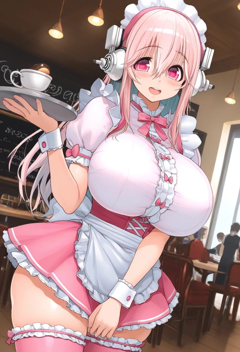 (((supersonic, Super Sonico:1.2, 1 Female))), Pink Hair, Long Hair, Gradient Hair, Reddish brown eyes, ((Big Breasts:1.2)), Silver_Headphones, Maid dress, chest, Red ribbon, Cowboy Shot, smile, indoor, Sexy pose, chestを出して, Maid, meidofuku, black Maid dress, about, Maid about, mini skirt, Garter Straps, stockings, Hands Behind Back, masterpiece:1.2, Highest quality, 4K, 8K, Ultra-high resolution, Super detailed), (Digital illustration, Anime Style),