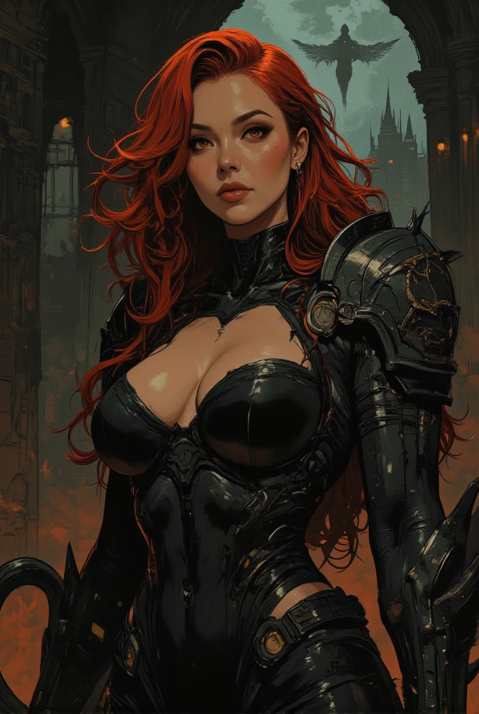 Vampire woman wearing black armor, pale white skin, red eyes, long curly orange hair, inside a dark and gloomy castle, throne room