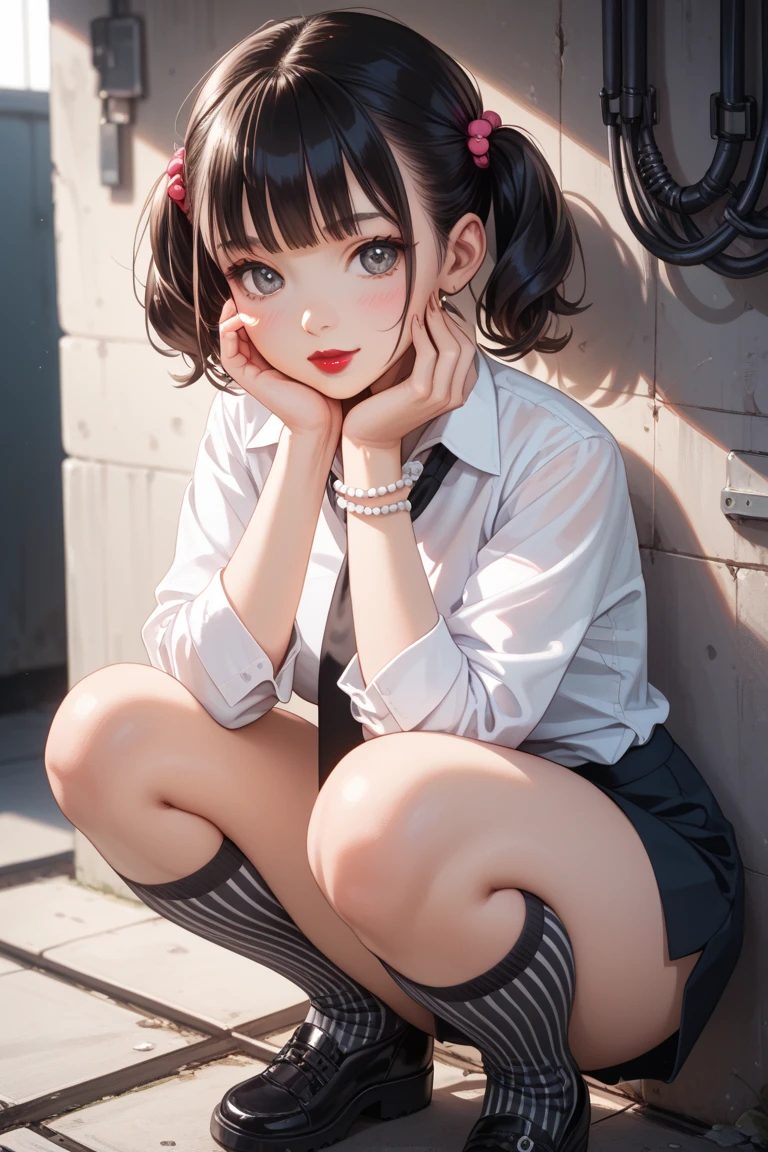 One girl, alone, View your viewers, skirt, Brown Hair, shirt, Long sleeve, bow, Twin tails, Brown eyes, , whole body, shoes, shoes下, Sailor collar, Black footwear, Twin Blade, Cosplay, blue bow, white shoes下, pink skirt, Photo Background, pink Sailor collar