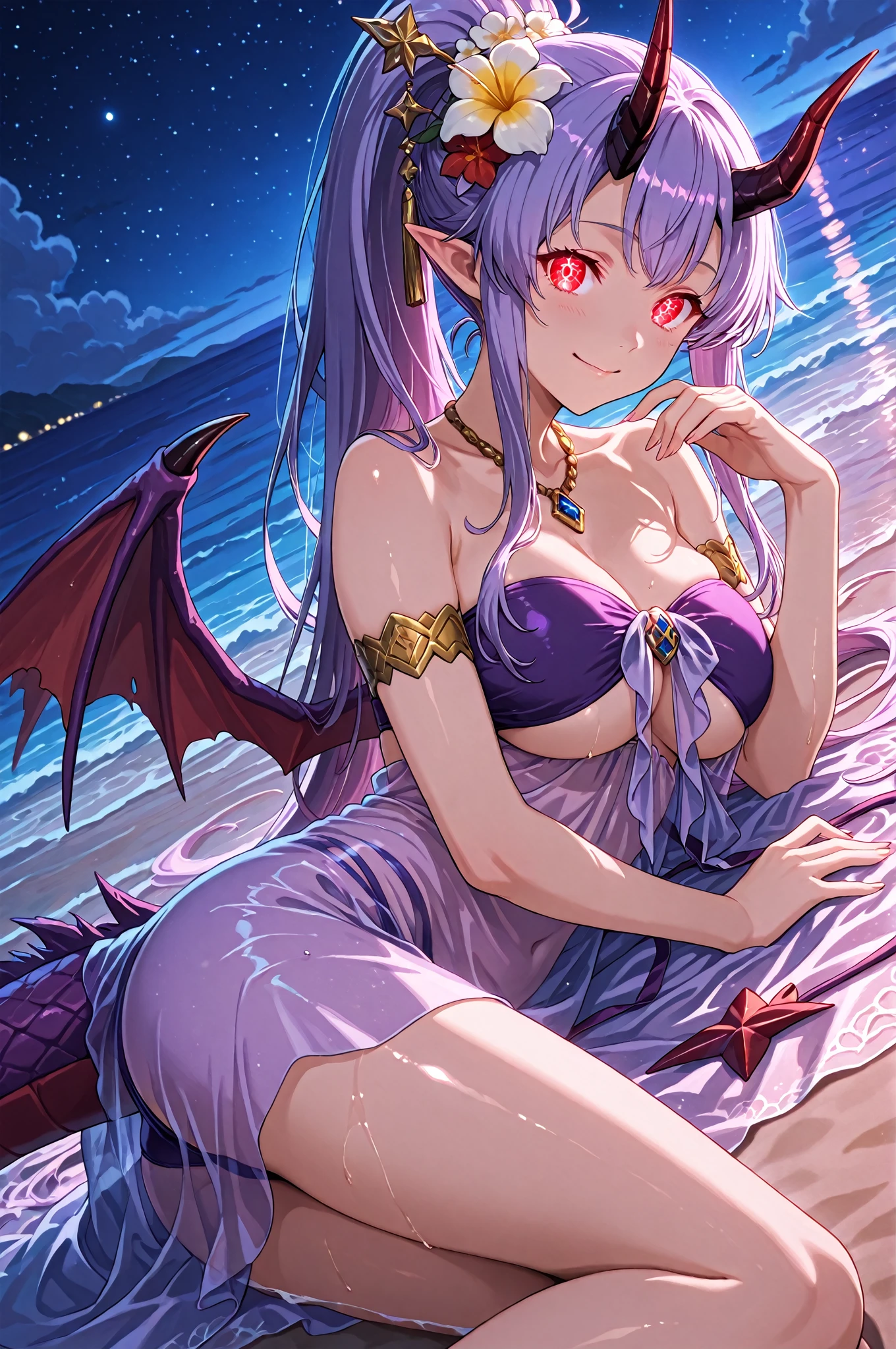 ((masterpiece)), best quality , outdoors, 1girl, beach , <lora:OutfitHalloweenPrincessIrisV1:1>, outfit-iris, elbow gloves, purple thighhighs, demon horns, purple wings, arms behind back, pink hair, green eyes, standing, medium breasts, medium hair, solo, solo focus,