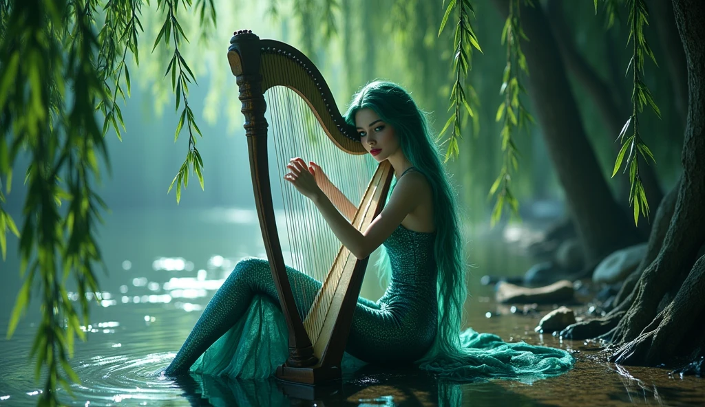 Setting: An enchanting underwater grotto with a serene, moonlit ambiance, where a sensual mermaid plays a delicate harp.
Description: The mermaid has long, flowing aqua-blue hair and is adorned with shimmering seashell accessories. She wears a revealing, iridescent tail with intricate scales that catch the moonlight. Her upper body is partially covered by a translucent, flowing fabric. She plays a beautiful harp made from coral and pearls, surrounded by glowing sea creatures and bioluminescent plants. The background features soft, diffused moonlight filtering through the water, creating a calm and mystical atmosphere. Aim for realistic depiction, make sure photos are at highest resolution (8K)