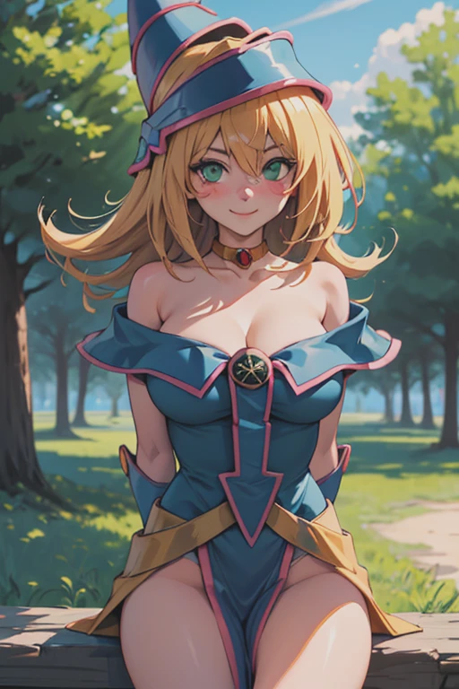 masutepiece, Best Quality, hight resolution, HMDMG1, Wizard Hat, blush, blush stickers, cleavage, Bare shoulders, Dress, off shoulders, :3, Open mouth, arms behind back, Outdoors、NSFW、Sheer dresses