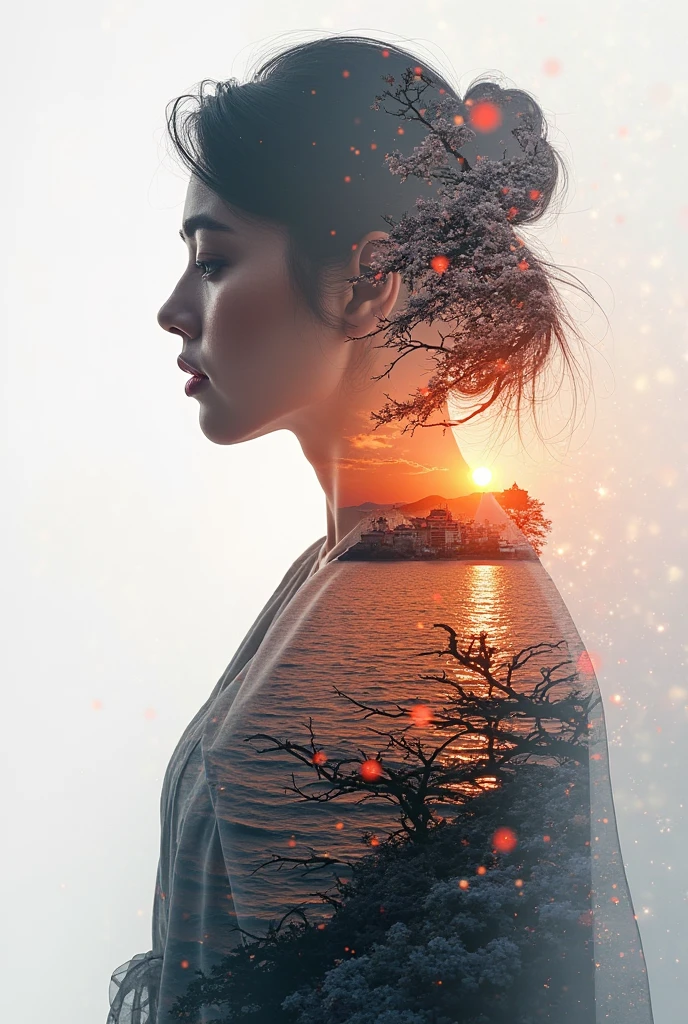 high quality, 8K Ultra HD, A beautiful double exposure that combines an goddess silhouette with sunset coast, sunset coast should serve as the underlying backdrop, with its details incorporated into the goddess , crisp lines, The background is monochrome, sharp focus, double exposure, by yukisakura, awesome full color,