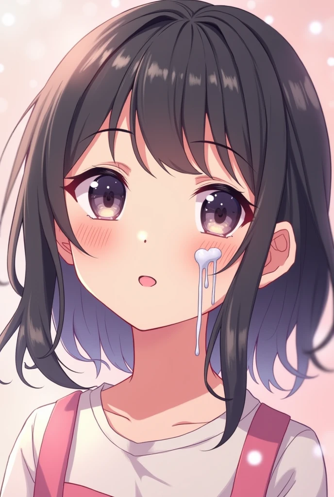 collarbone,t-shirt,off-shoulder look,first round,front view,face focus,open mouth,tongue out,cum on tongue,lick,(1girl,Beautiful 14 year old girl),front face,from front,front view,looking at viewer, looking ahead,Black Hair,Beautiful and detailed anime art,Dimly lit room,Simple Background,Gray background,Low lighting
