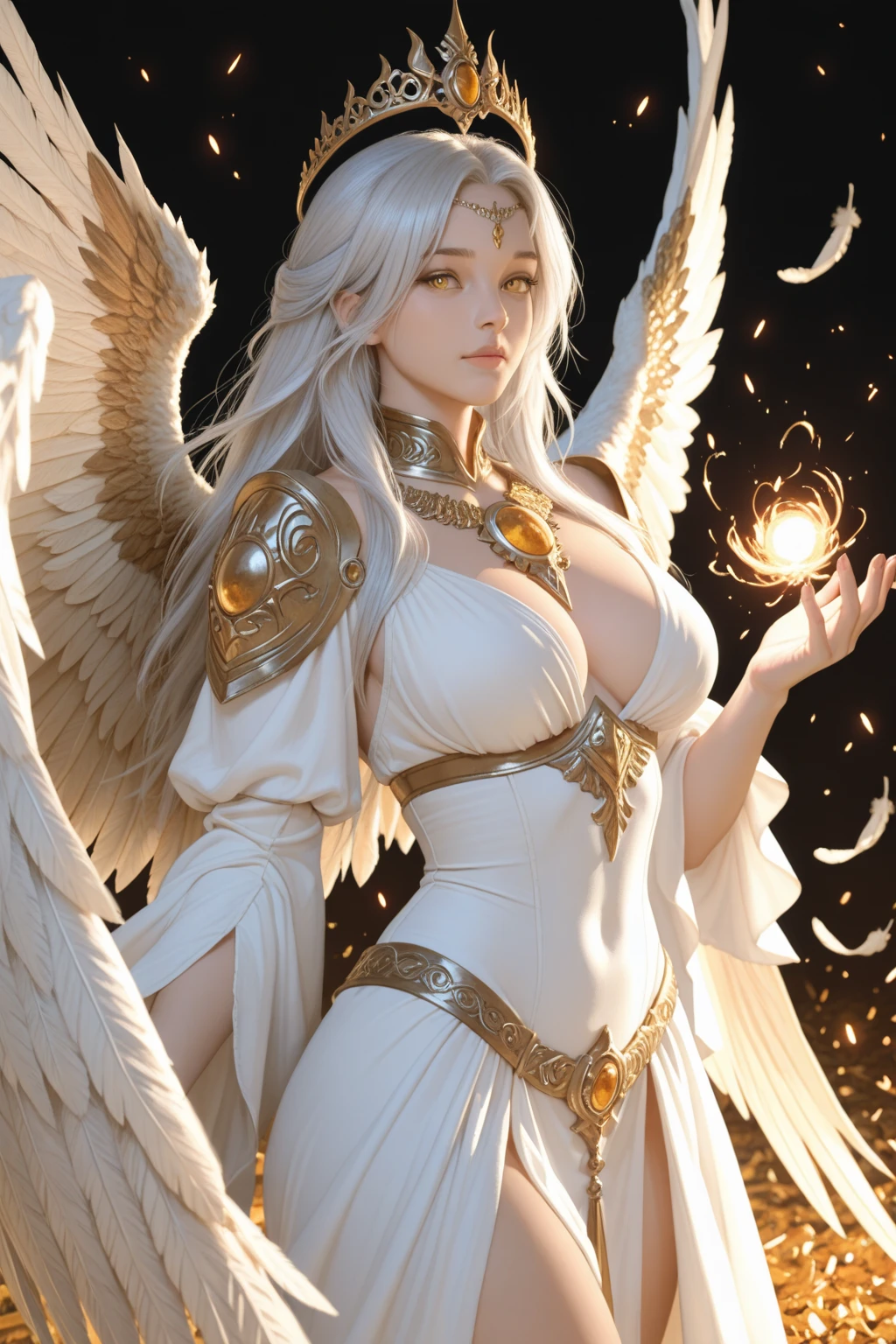 Art of elderly mature woman wearing sun crown, Wearing ornate breastplate that exposes a small amount of skin above the chest, A pair of armored angelic wings spreading out behind the woman, The wings have extremely huge size that even bigger than the woman's body, Ancient goddess art, Sacredness. Very detailed, Mysterious inspiration, Inspiration from the Sun God, Religious inspiration, Cold and snobbish face, No smile, Dangerous impersonal expressions, White hair, Standing, Full body portrait, Gothic art style, Weird art style, Occult art